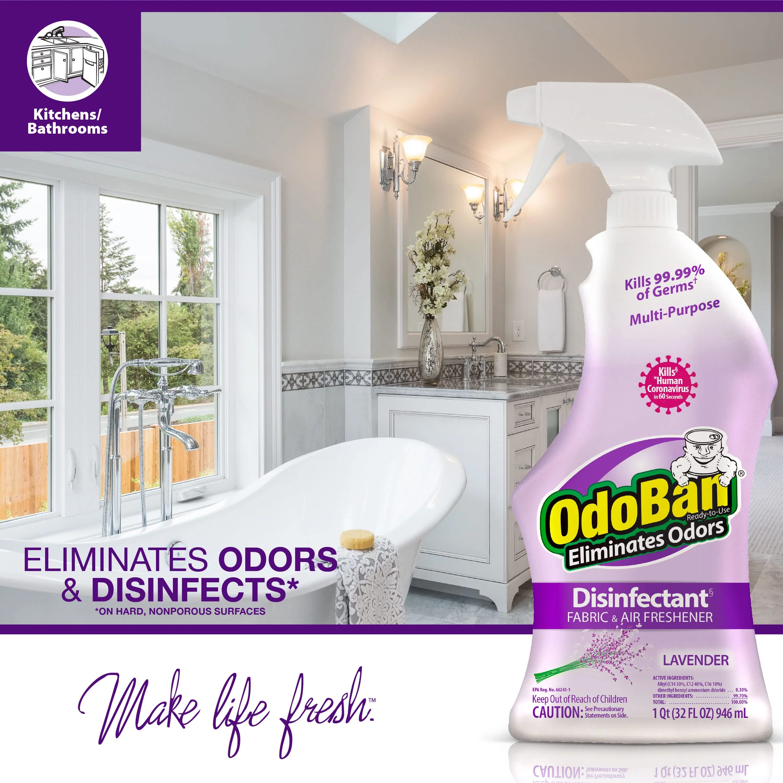 OdoBan Ready-to-Use Disinfectant and Harsh Aroma Eliminator, Cleaner and Fabric/Air Freshener, Set of 2, 14.6 Ounce 360-Degree Continuous Spray and 32 Ounce Trigger Spray, Lavender Scent - Image 2