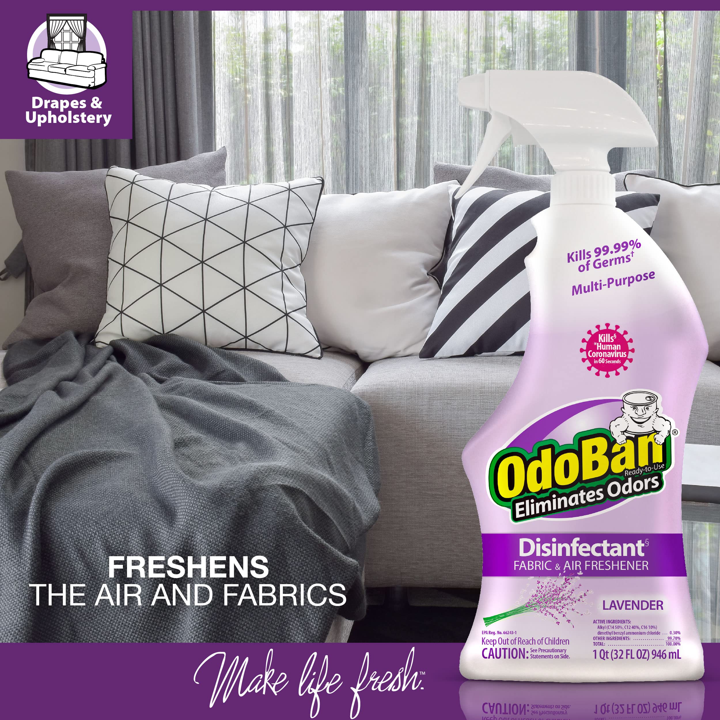 OdoBan Ready-to-Use Disinfectant and Harsh Aroma Eliminator, Cleaner and Fabric/Air Freshener, Set of 2, 14.6 Ounce 360-Degree Continuous Spray and 32 Ounce Trigger Spray, Lavender Scent - Image 3