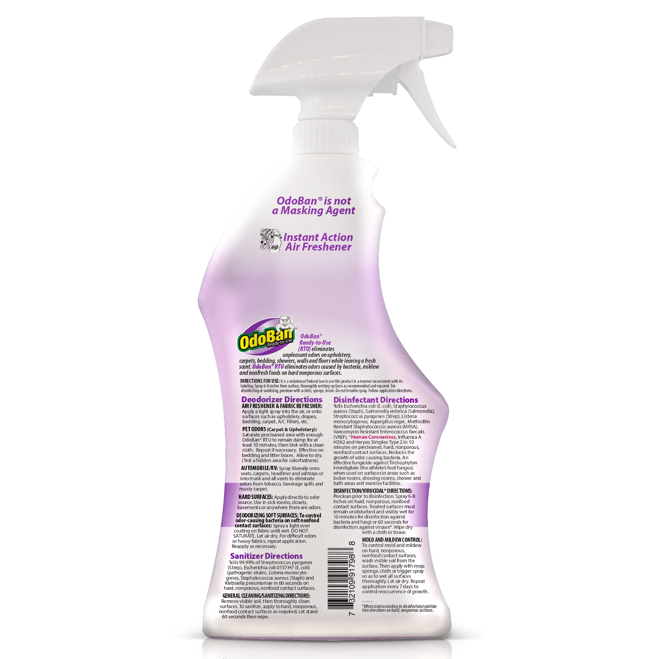 OdoBan Ready-to-Use Disinfectant and Harsh Aroma Eliminator, Cleaner and Fabric/Air Freshener, Set of 2, 14.6 Ounce 360-Degree Continuous Spray and 32 Ounce Trigger Spray, Lavender Scent - Image 5