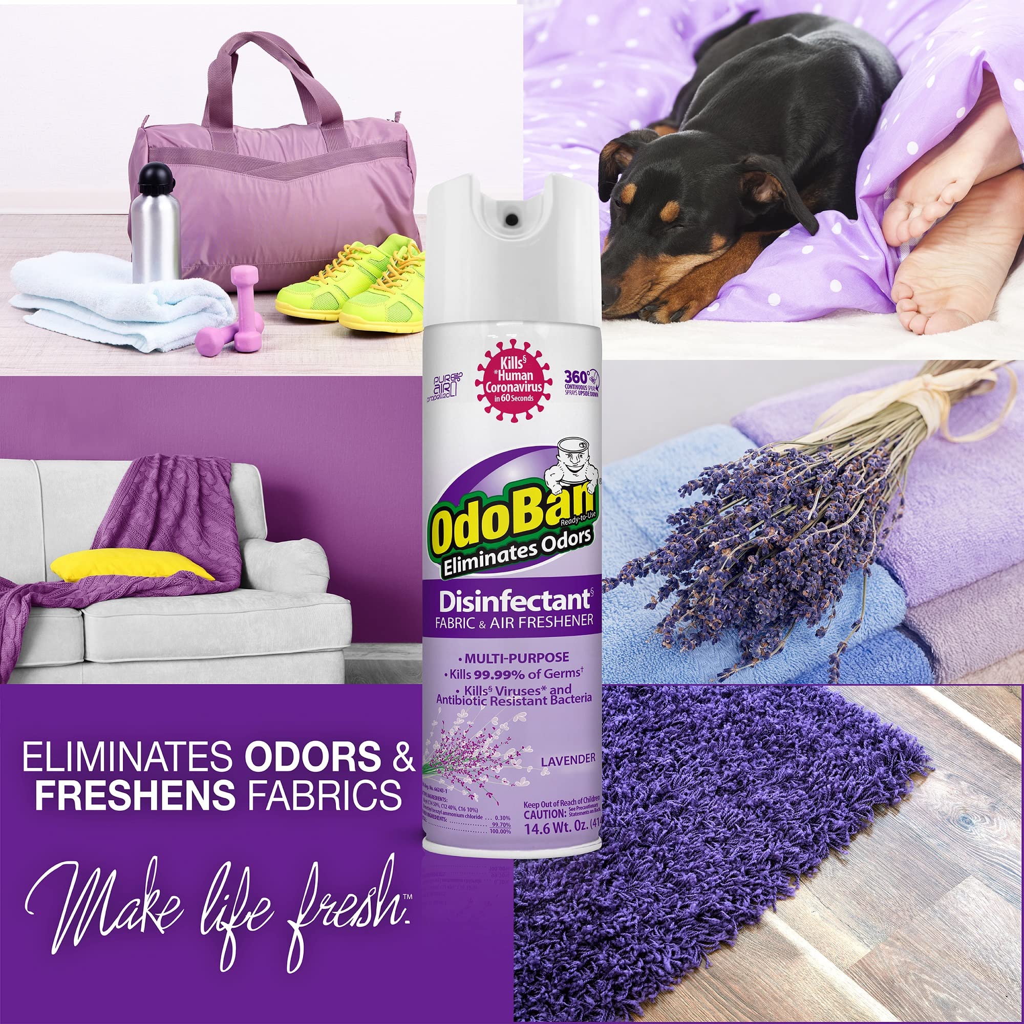 OdoBan Ready-to-Use Disinfectant and Harsh Aroma Eliminator, Cleaner and Fabric/Air Freshener, Set of 2, 14.6 Ounce 360-Degree Continuous Spray and 32 Ounce Trigger Spray, Lavender Scent - Image 7