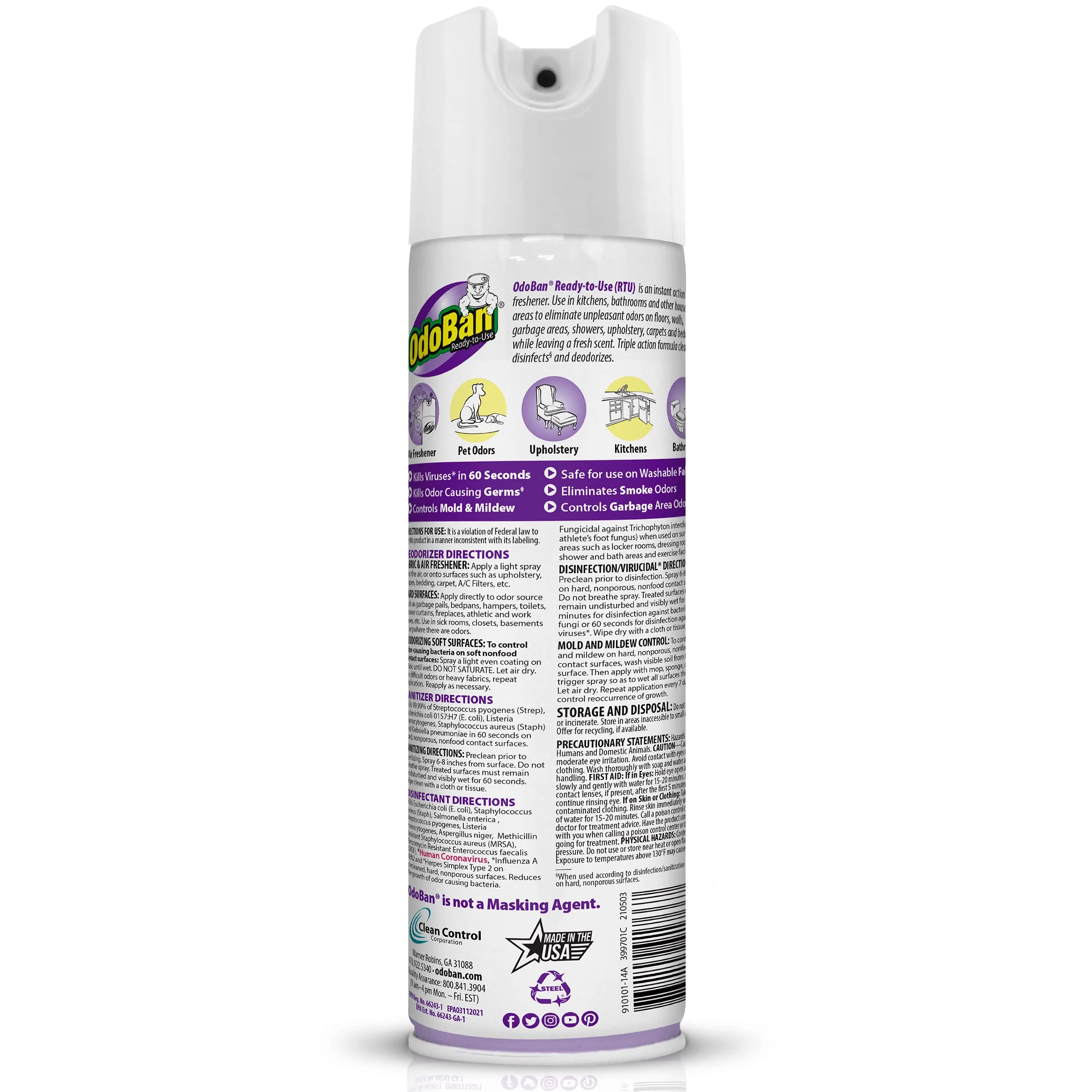 OdoBan Ready-to-Use Disinfectant and Harsh Aroma Eliminator, Cleaner and Fabric/Air Freshener, Set of 2, 14.6 Ounce 360-Degree Continuous Spray and 32 Ounce Trigger Spray, Lavender Scent - Image 8
