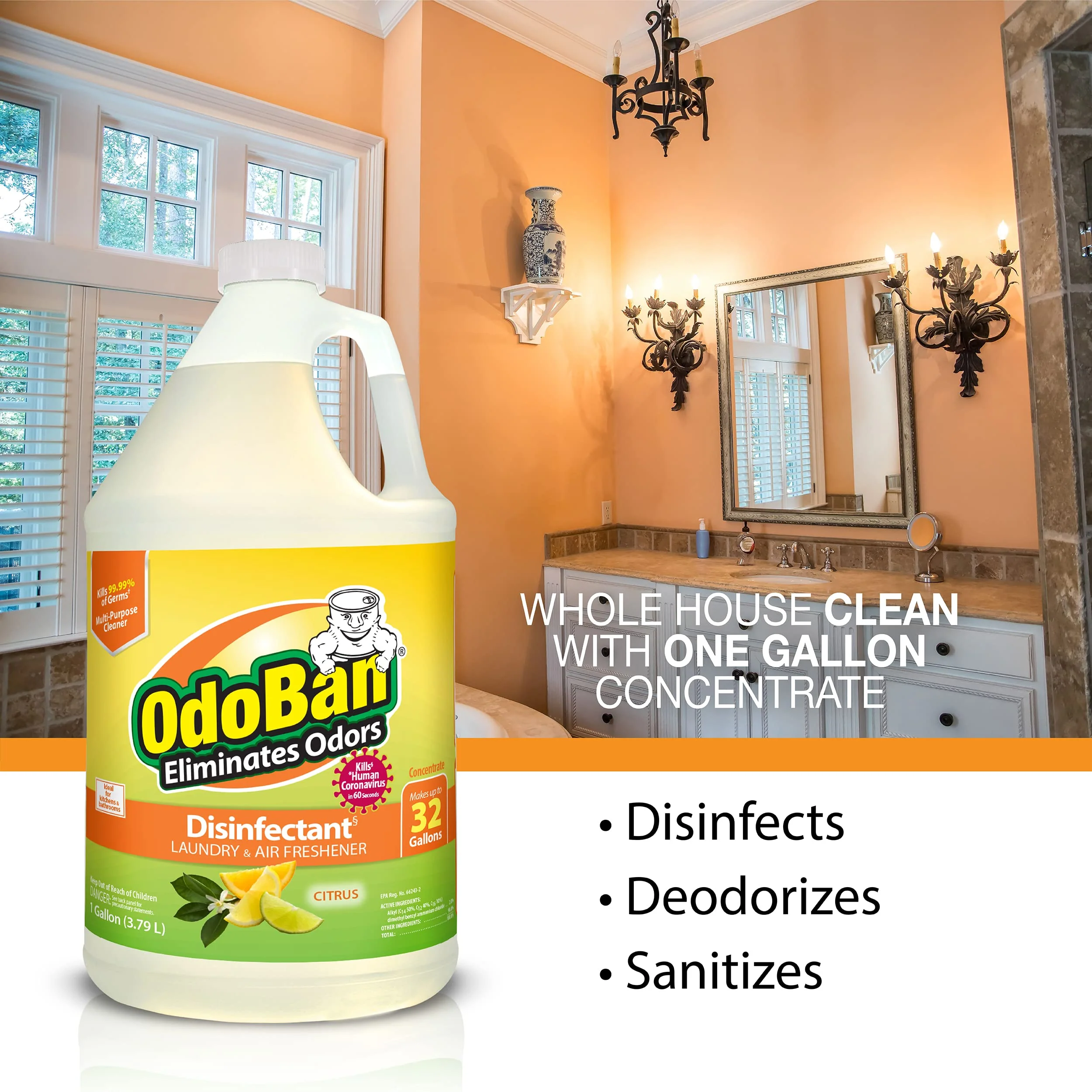 OdoBan Ready-to-Use Disinfectant and Odor Eliminator, Made in the USA, Citrus Scent, Set of 2, 32 oz Spray and 1 Gallon Concentrate - Image 6
