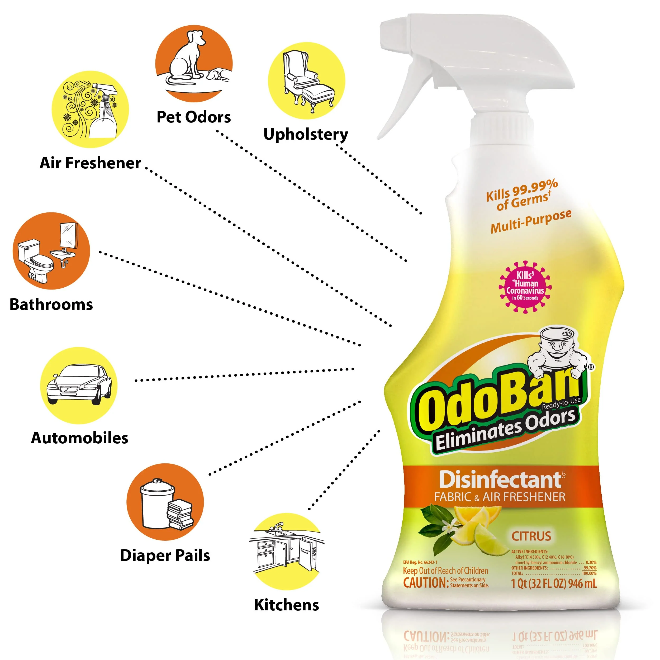 OdoBan Ready-to-Use Disinfectant and Odor Eliminator, Made in the USA, Citrus Scent, Set of 2, 32 oz Spray and 1 Gallon Concentrate - Image 7
