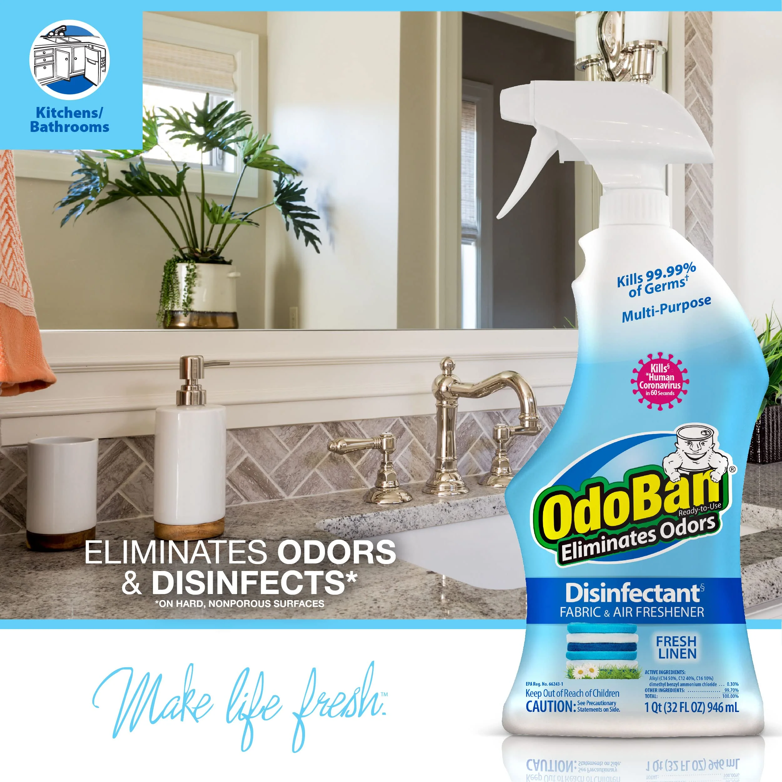 OdoBan Ready-to-Use Disinfectant and Odor Eliminator, Set of 4 Spray Bottles, 32 Ounces Each, Fresh Linen Scent - Image 2