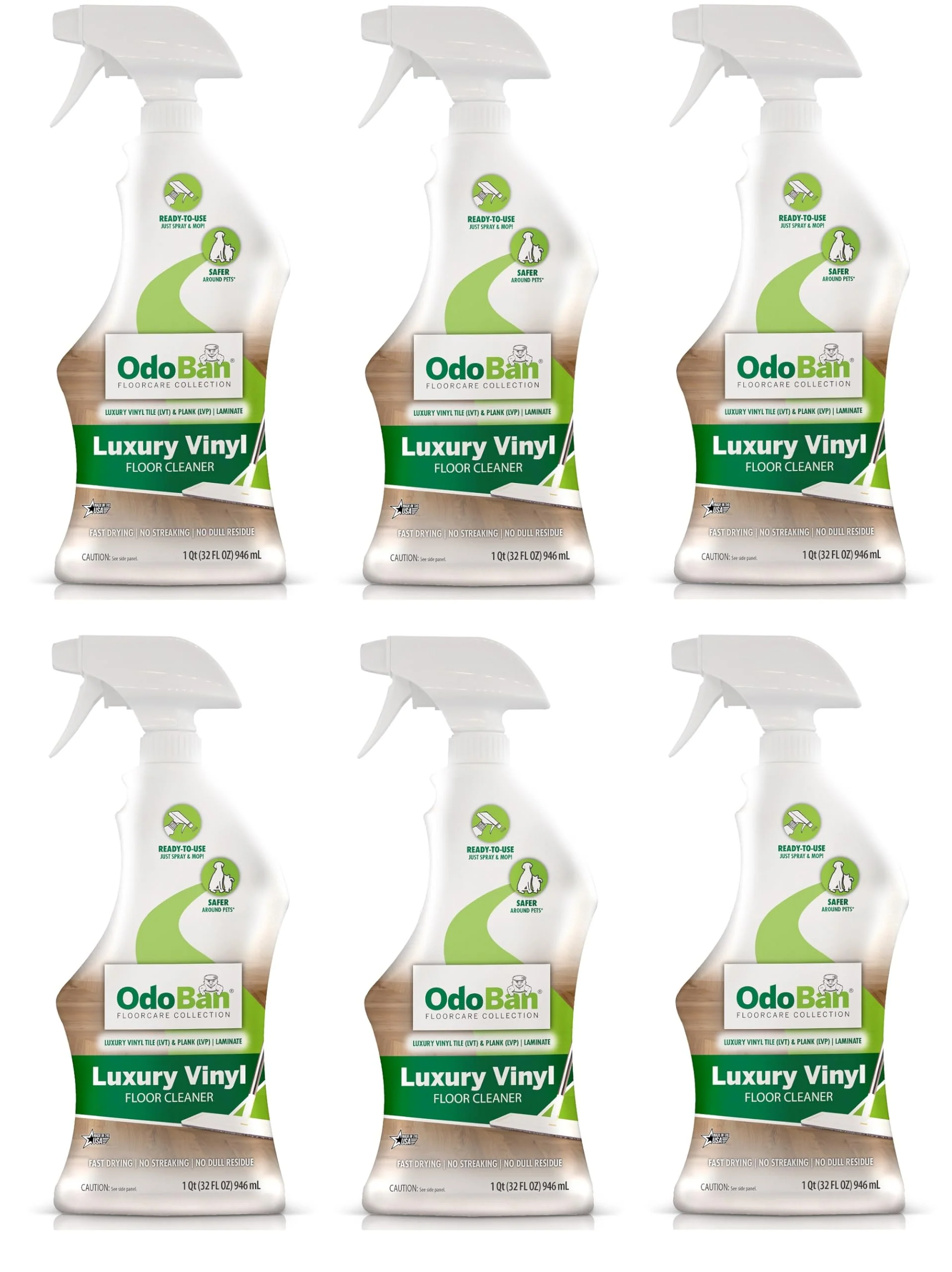OdoBan Ready-to-Use Luxury Vinyl Floor Cleaner, Streak Free and Neutral PH Formula, Made in the USA, Scentless, 32 Oz Spray 6-Pack