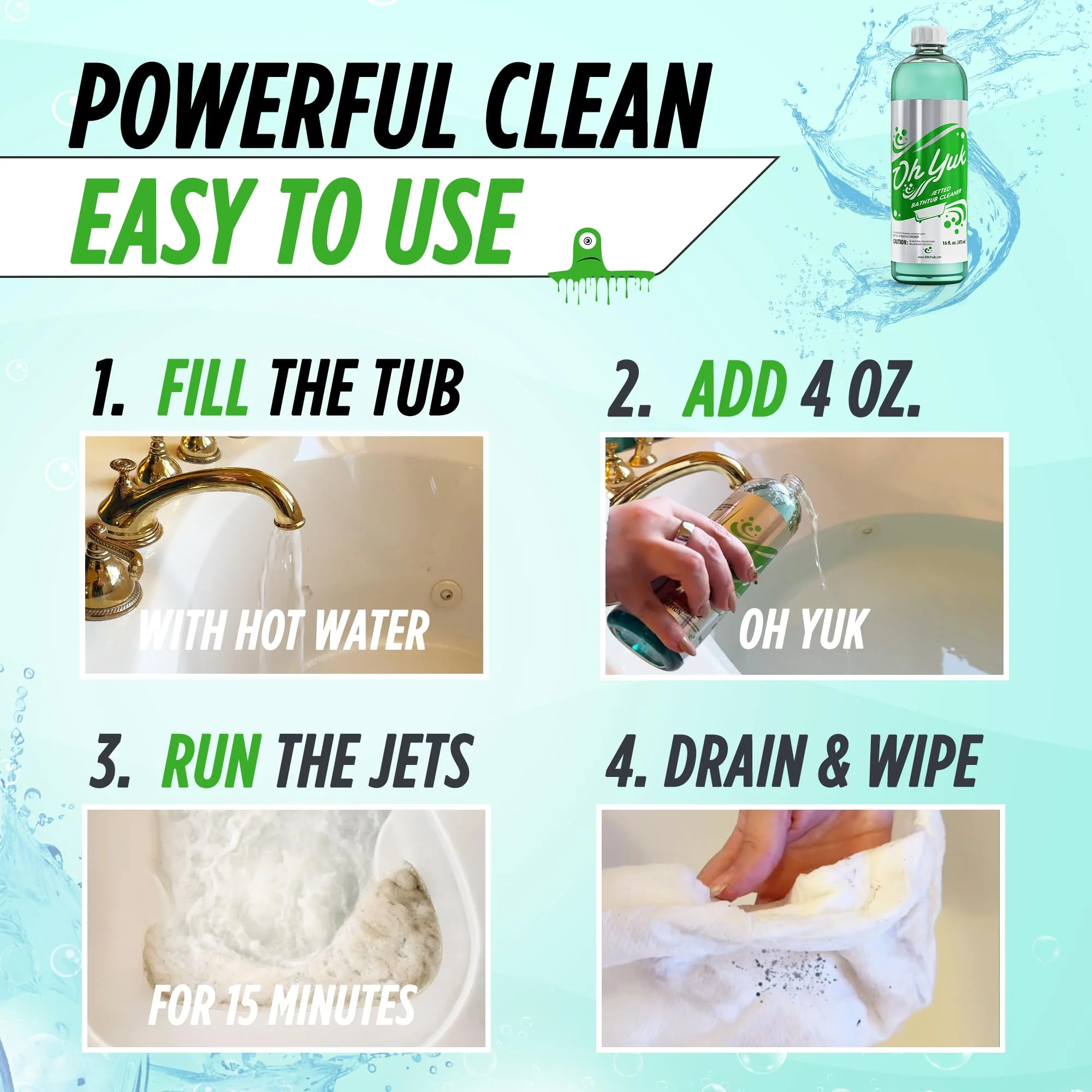 Oh Yuk Jetted Bathtub Cleaner for Jet Tubs, Whirlpools, The Most Effective Jetted Tub Cleaner, Septic Safe | Two 16 Ounce Bottles! - Image 5