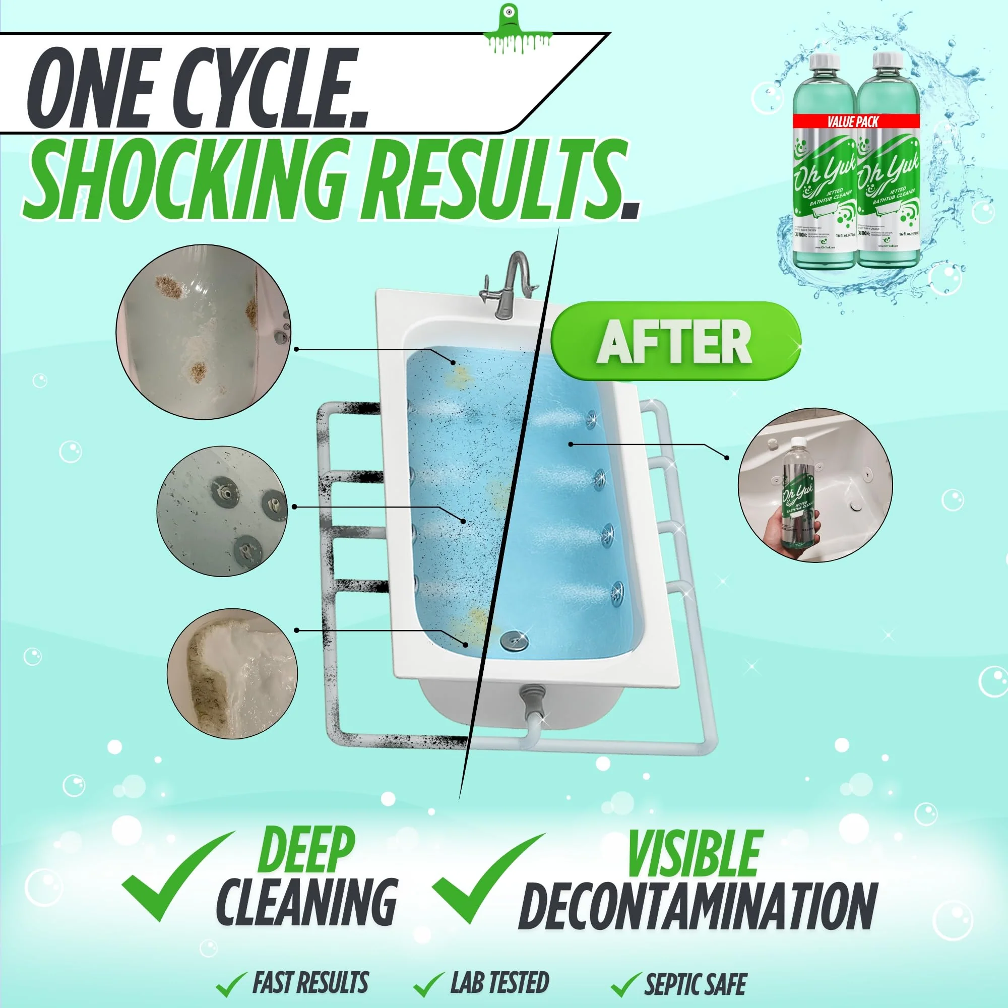 Oh Yuk Jetted Bathtub Cleaner for Jet Tubs, Whirlpools, The Most Effective Jetted Tub Cleaner, Septic Safe | Two 16 Ounce Bottles! - Image 8