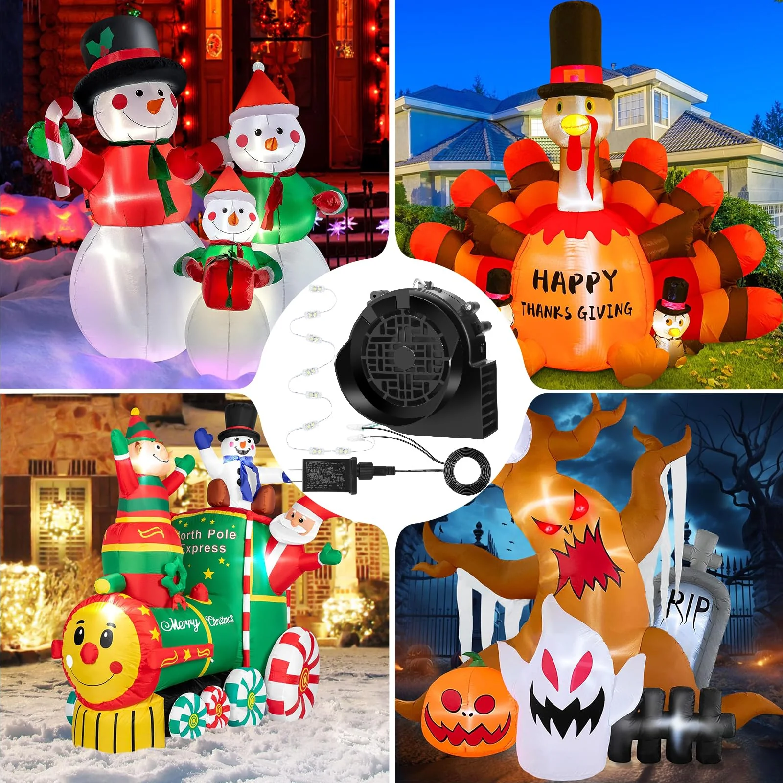 OHMANHE Replacement 1.5A Air Blower Fan for Inflatables, 8 Bright LEDs Motor with 2.0A Adapter Set, Strong Wind for 3-12FT Blow Up Yard Christmas Thanksgiving Outdoor Decor Inflatables - Image 2