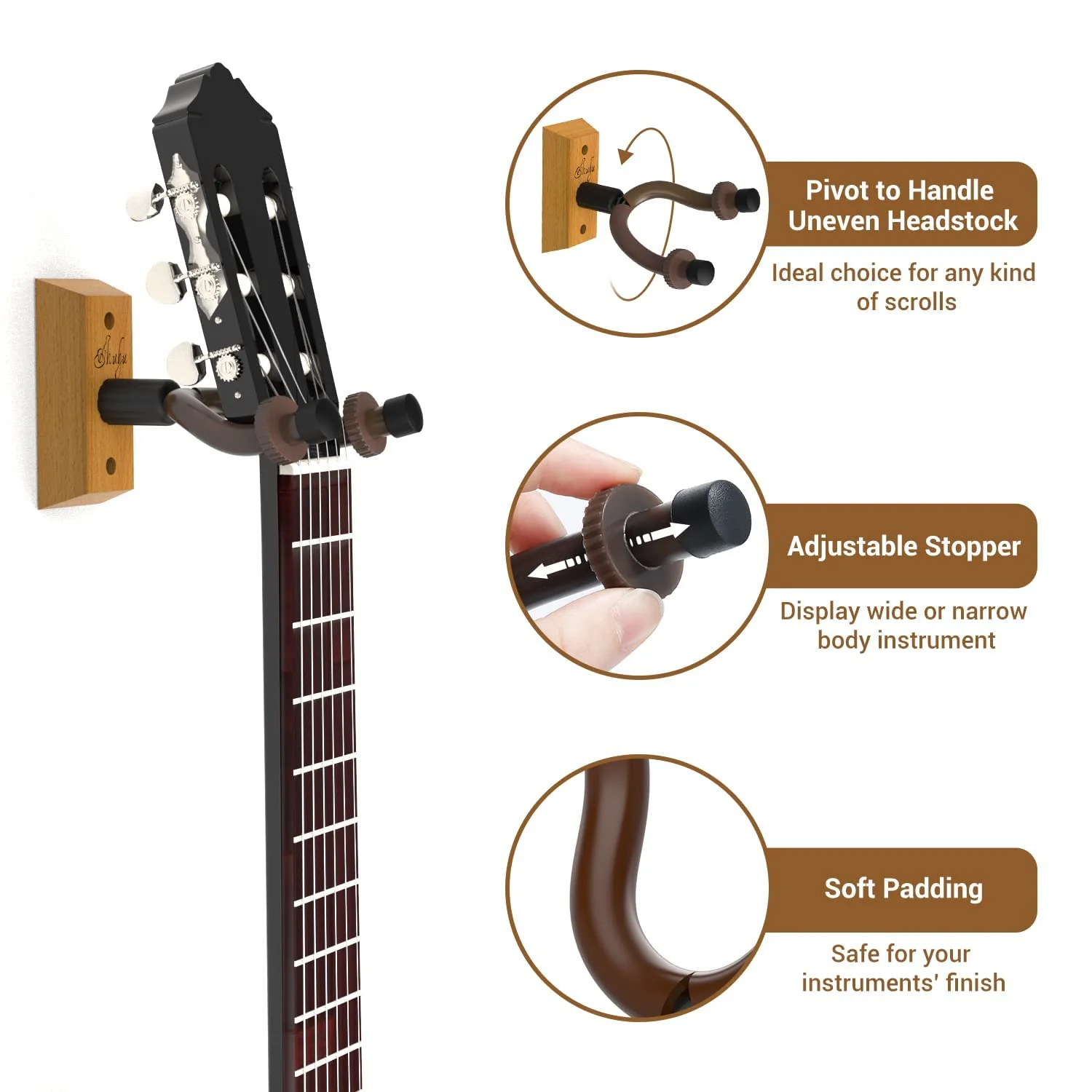 Ohuhu Guitar Wall Mount Hanger, 2-Pack Rotatable Hardwood Guitar Hangers with Screws, Adjustable Stopper Guitar Mount Hook Holder Stand for Acoustic Electric Guitar Banjo Bass Ukulele Mandolin (Wood) - Image 3