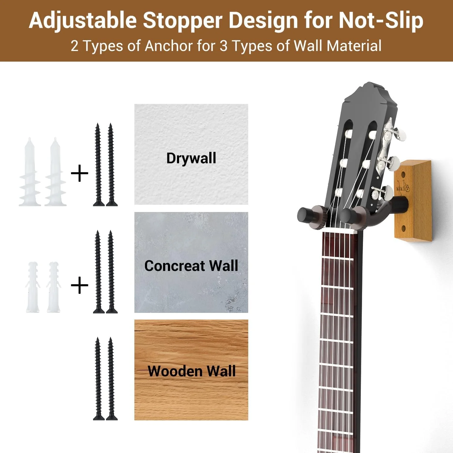Ohuhu Guitar Wall Mount Hanger, 2-Pack Rotatable Hardwood Guitar Hangers with Screws, Adjustable Stopper Guitar Mount Hook Holder Stand for Acoustic Electric Guitar Banjo Bass Ukulele Mandolin (Wood) - Image 4