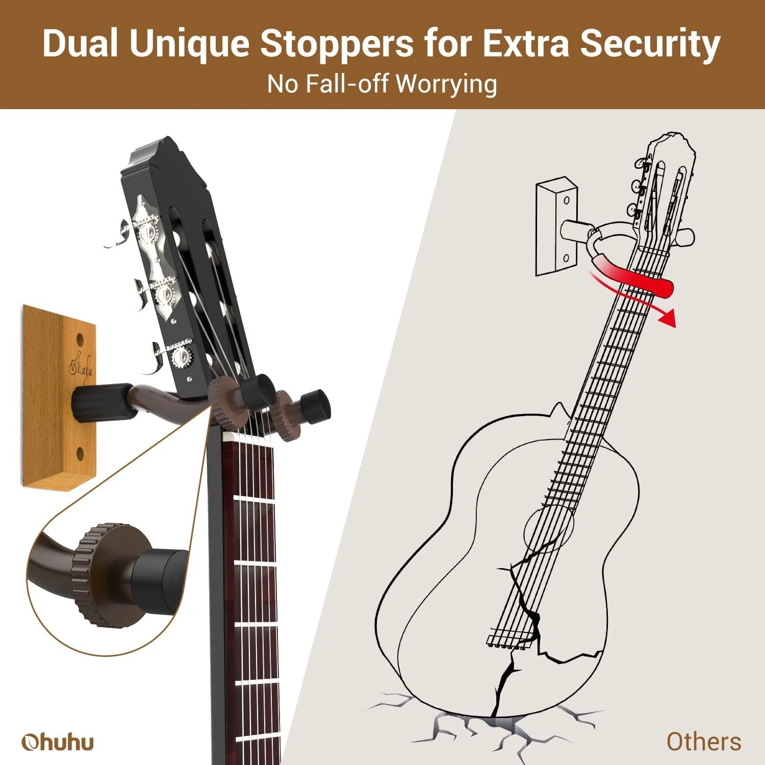 Ohuhu Guitar Wall Mount Hanger, 2-Pack Rotatable Hardwood Guitar Hangers with Screws, Adjustable Stopper Guitar Mount Hook Holder Stand for Acoustic Electric Guitar Banjo Bass Ukulele Mandolin (Wood) - Image 6