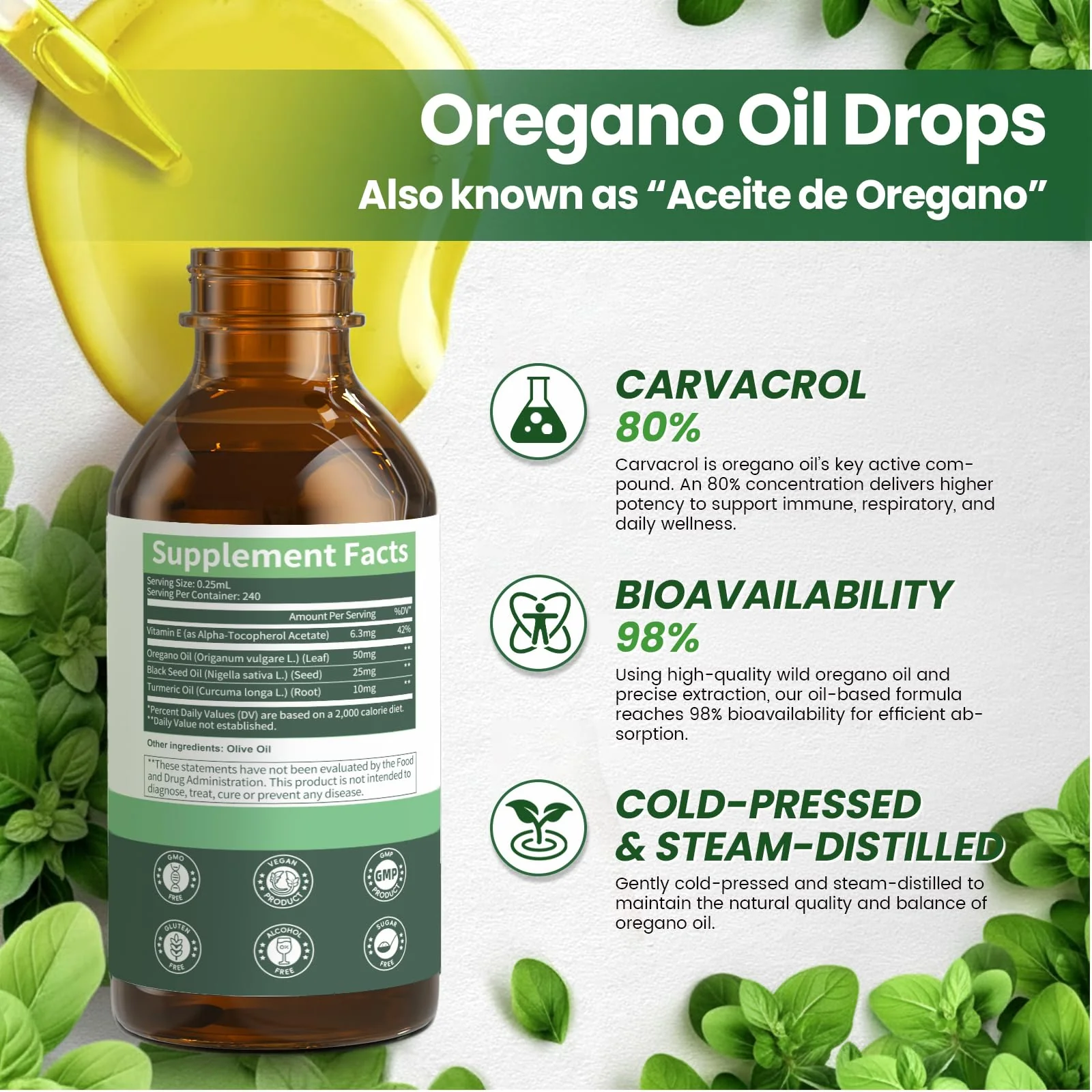 Oil of Oregano Drops with Black Seed Oil, Turmeric Oil, Vitamin E & Olive Oil Based, Immune Digestive Cleanse & Detox*, 80% Carvacrol Cold-Pressed Natural Aceite de Oregano, 2 Fl Oz, 8 Month Supply - Image 5