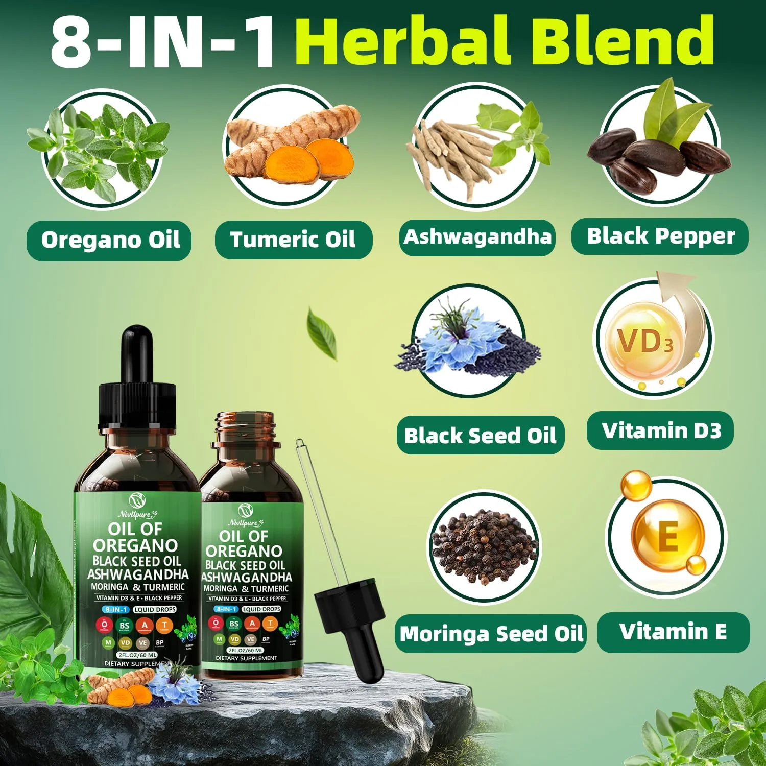 Oil of Oregano with Black Seed Oil | 8 in 1 Organic Oregano Oil Drops with Ashwagandha, Moringa & Turmeric | Natural Herbal Supplements for Immune Support & Stress Relief | Vegan Friendly, 2 Fl Oz - Image 7
