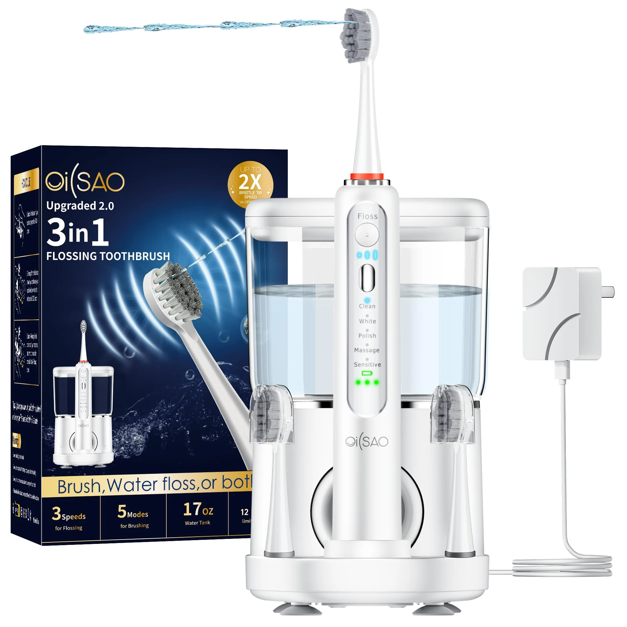 OILSAO Electric Toothbrush with Water Flosser Combo in One, Professional Flossing Toothbrush for Teeth Cleaning and Flossing, Plaque Removal, Rechargeable,5 Brush Modes & 3 Flossing Speeds,500ML,White - Image 2