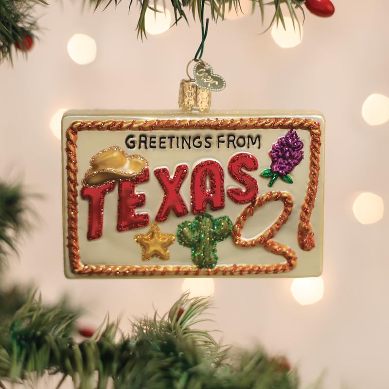Old World Christmas Texas Postcard Glass Blown Ornament for Christmas Tree, Handcrafted Holiday Decoration, Western Collection