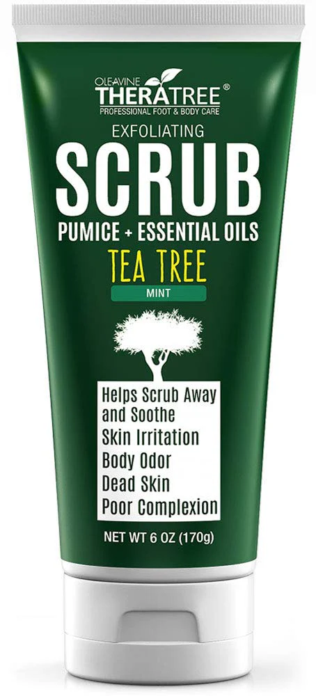 Oleavine TheraTree Tea Tree Oil Exfoliating Body Scrub - Deep Cleansing Foot & Body Charcoal Scrub with Peppermint, Spearmint & Neem - Soothing Exfoliator for Healthy-Looking Skin, 6 oz - Image 2