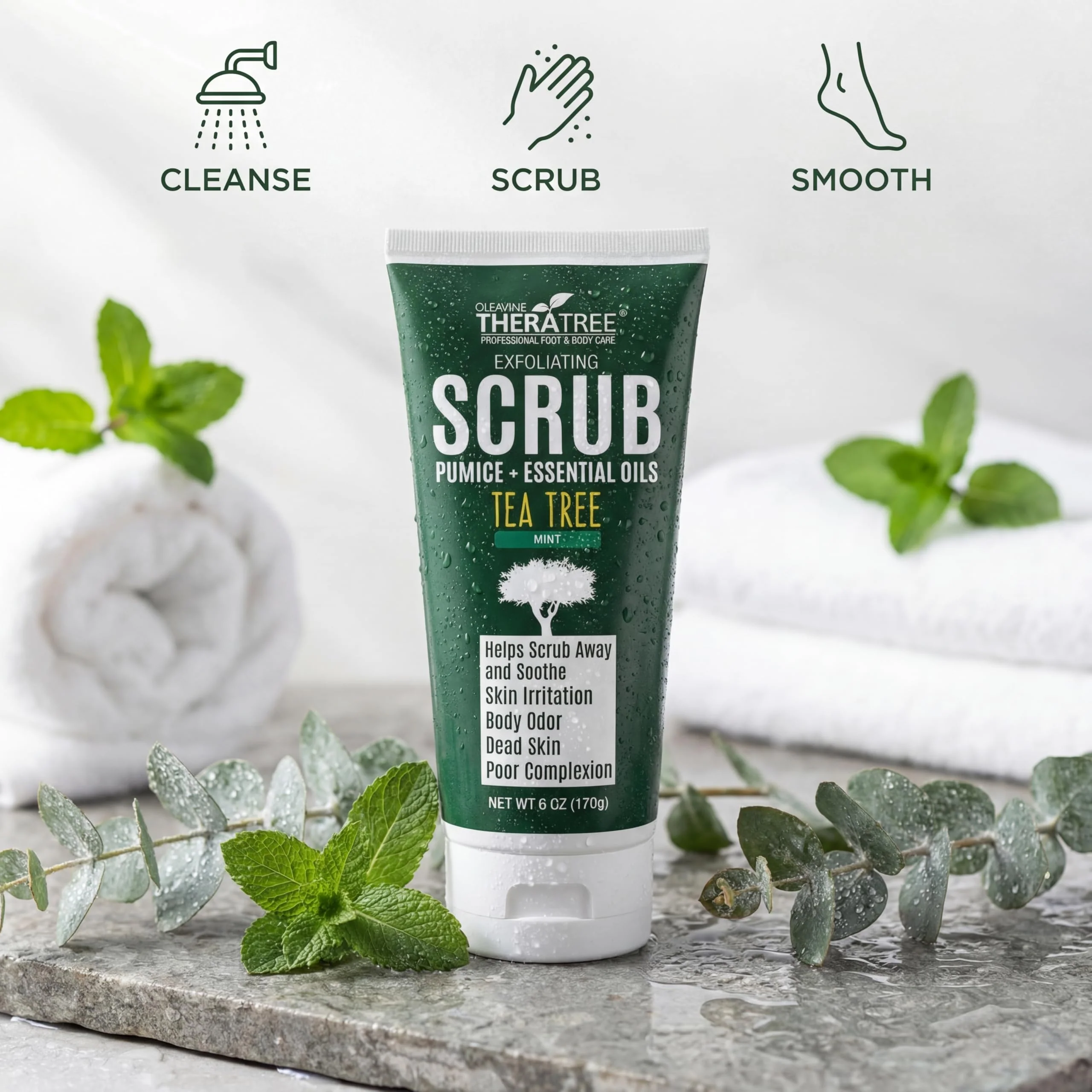 Oleavine TheraTree Tea Tree Oil Exfoliating Body Scrub - Deep Cleansing Foot & Body Charcoal Scrub with Peppermint, Spearmint & Neem - Soothing Exfoliator for Healthy-Looking Skin, 6 oz - Image 5