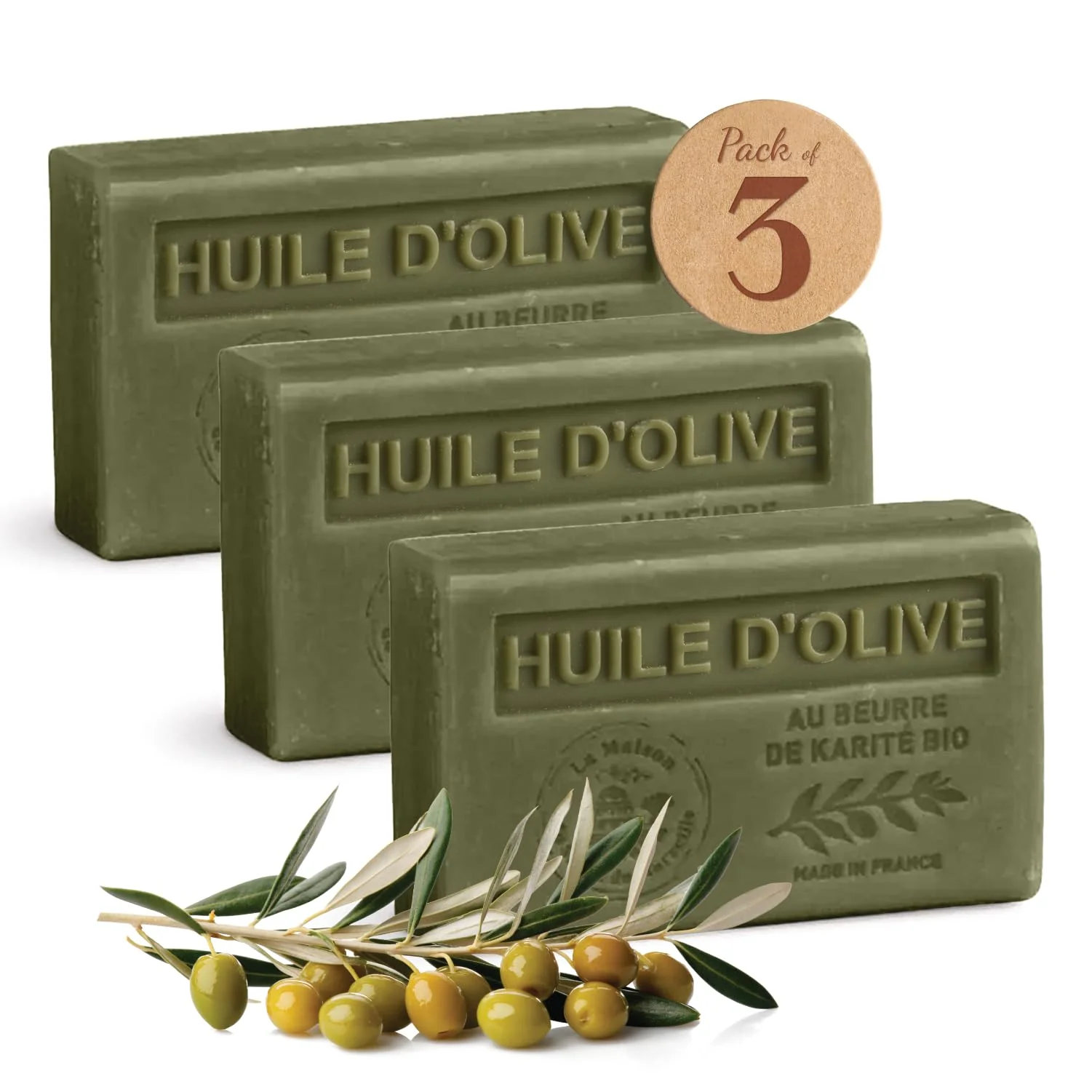 Olive Oil Soap Savon de Marseille Soap – Traditional French Milled Soap with Organic Shea Butter, Moisturizing Marseille Soap Bar Made in France, French Soap Bar, 3 x 4.4 oz – La Maison Du Savon
