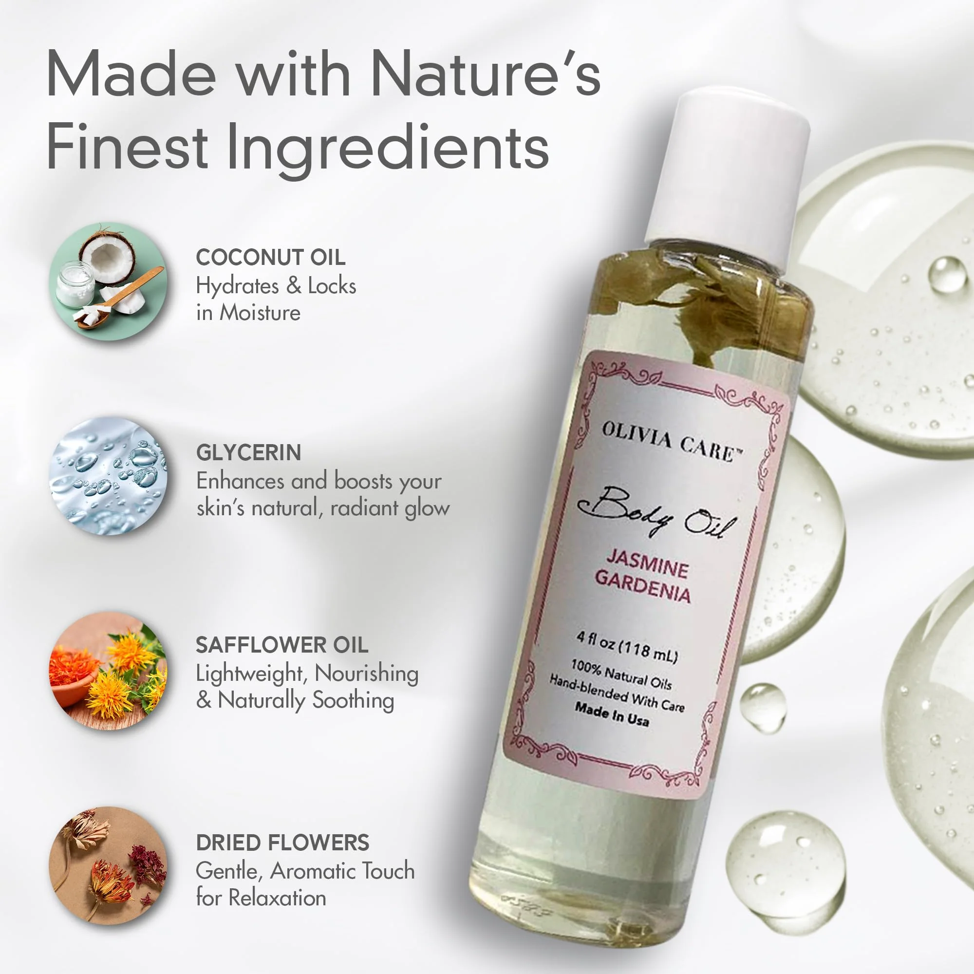 Olivia Care Jasmine Gardenia Body Oil Vegan & Natural Oil For Women | Hydrating & Moisturizing After Bath Oil - with VITAMIN E, K & Omega Fatty Acids Reduce Dry Skin - 4 OZ - Image 5