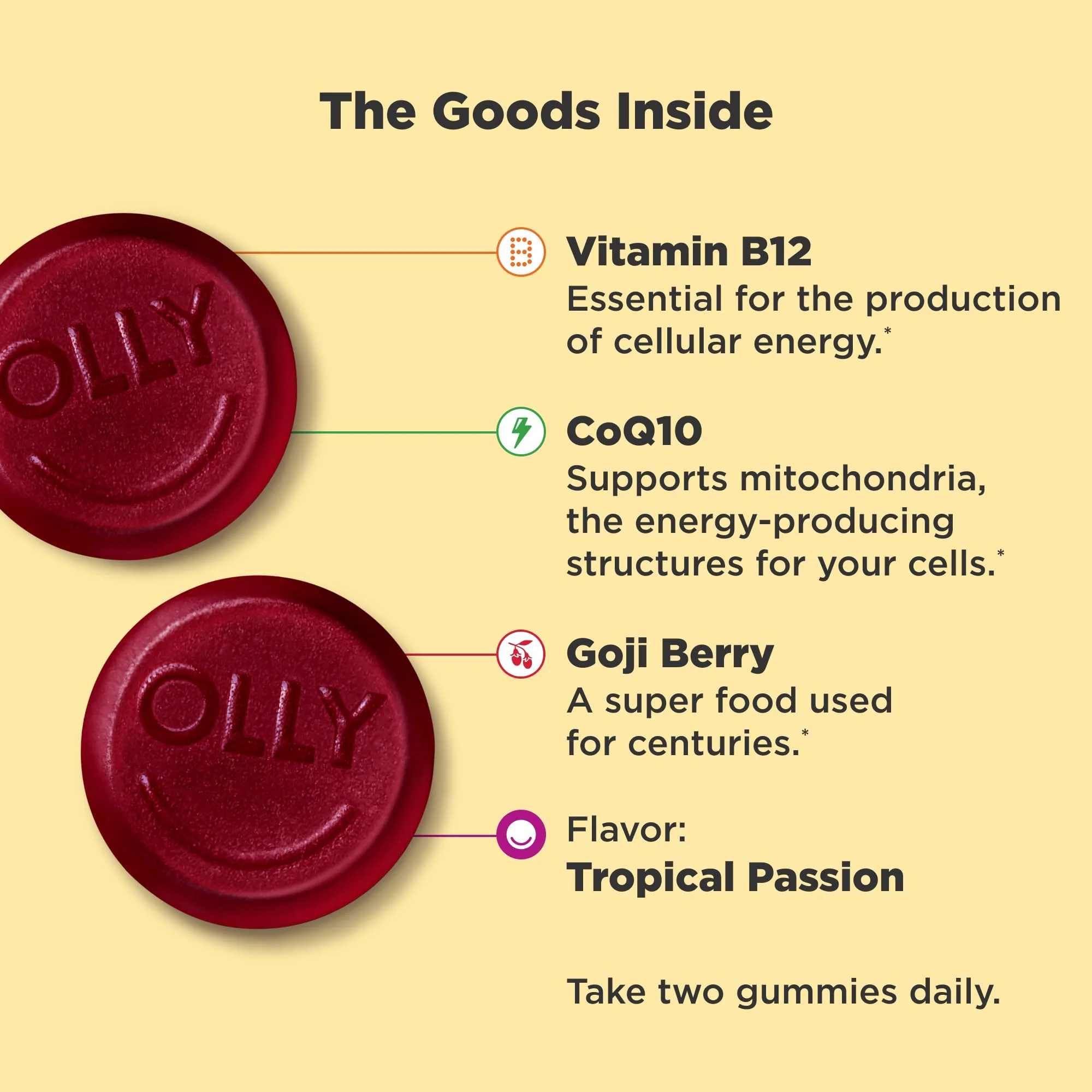 OLLY Daily Energy Gummy, Caffeine Free Cellular Energy Production,* Vitamin B12, CoQ10, Goji Berry, Adult Chewable Supplement, Tropical Passion Flavored, 60 Day Supply - 120 Count - Image 2