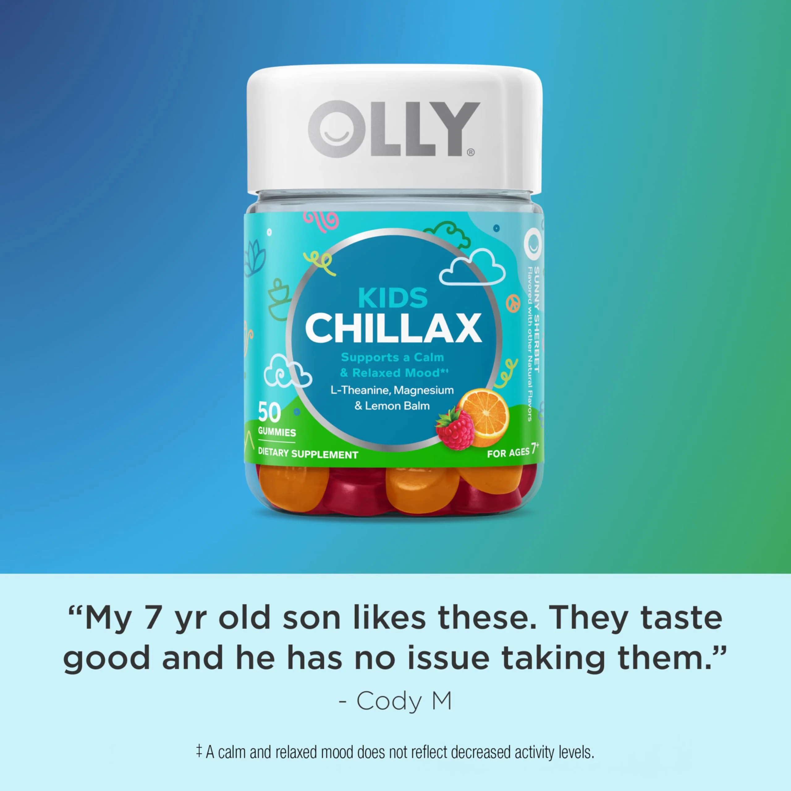 OLLY Kids Chillax Gummy, For a Calm and Relaxed Mood*, Magnesium, L-Theanine, Lemon Balm Extract, Chewable Supplement, Sherbet Flavored, 25 Day Supply - 50 Count (Packaging May Vary) - Image 6