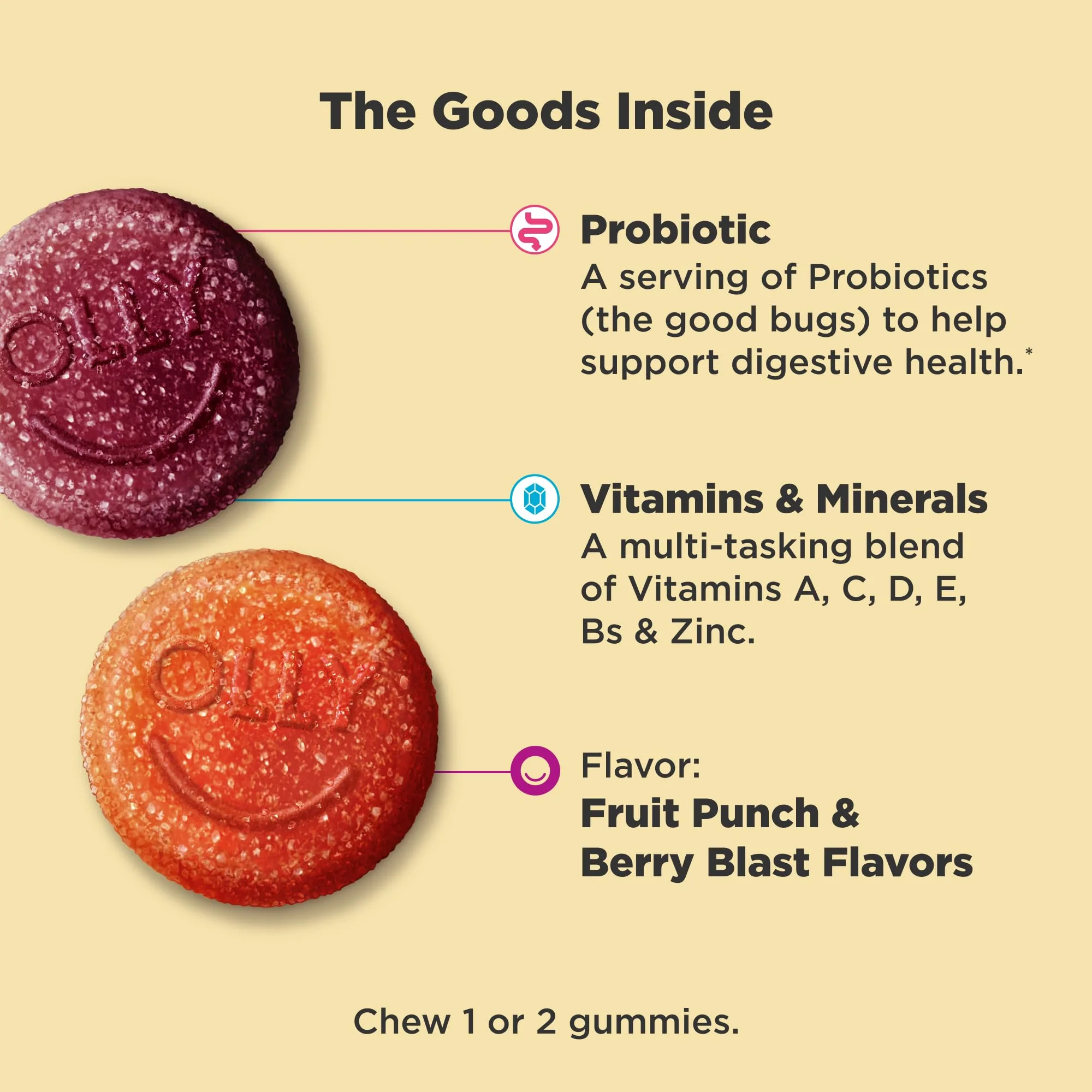 OLLY Kids Multivitamin & Probiotic Gummy, Digestive Support, Vitamins A, D, C, E, B, Zinc, Chewable Supplement, Berry Flavored, 50 Day Supply - 100 Count - Image 2