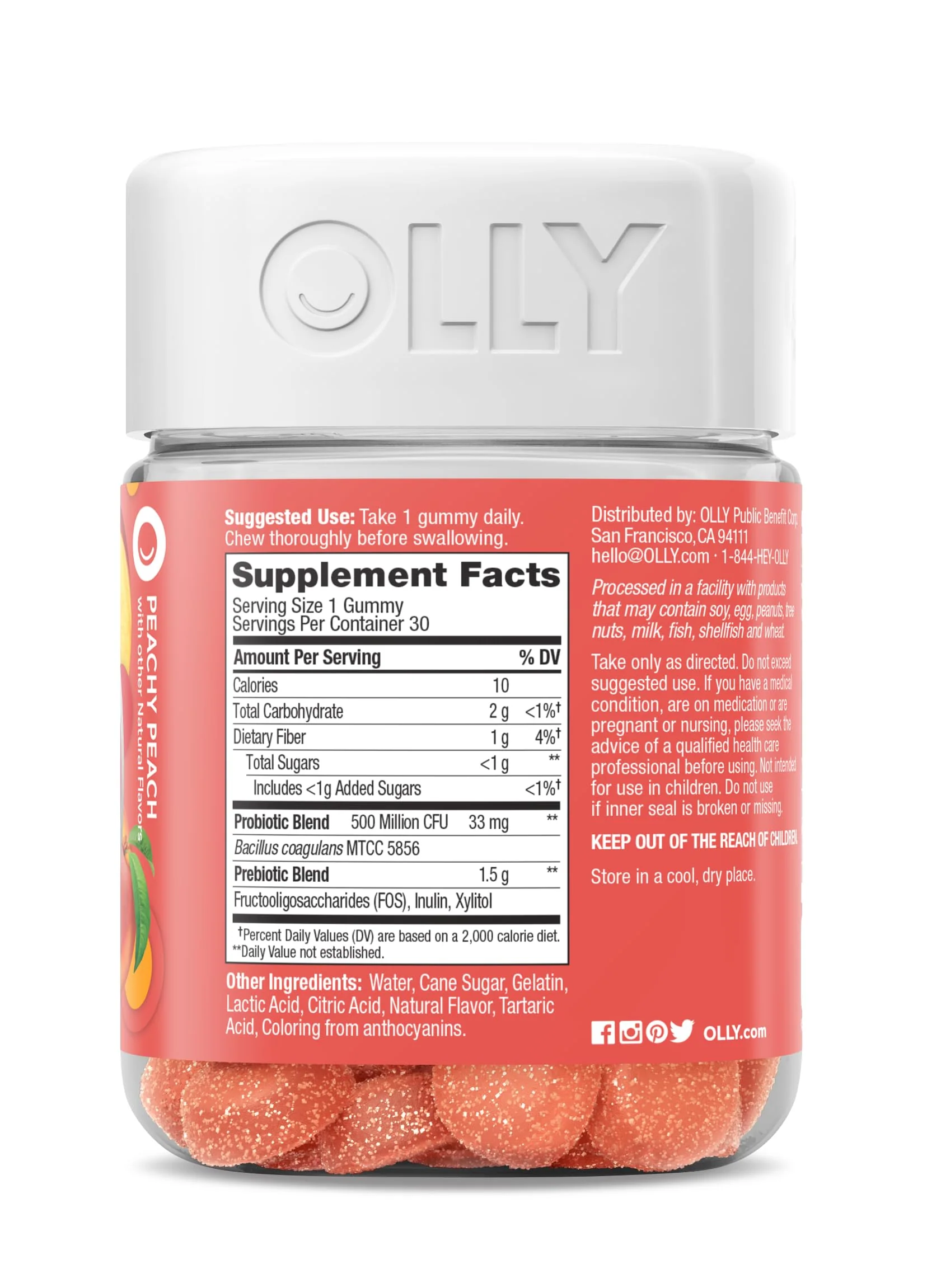 OLLY Probiotic + Prebiotic Gummy, Digestive Support and Gut Health, 500 Million CFUs, Fiber, Adult Chewable Supplement for Men and Women, Peach, 30 Day Supply - 30 Count (Pack of 12) - Image 7