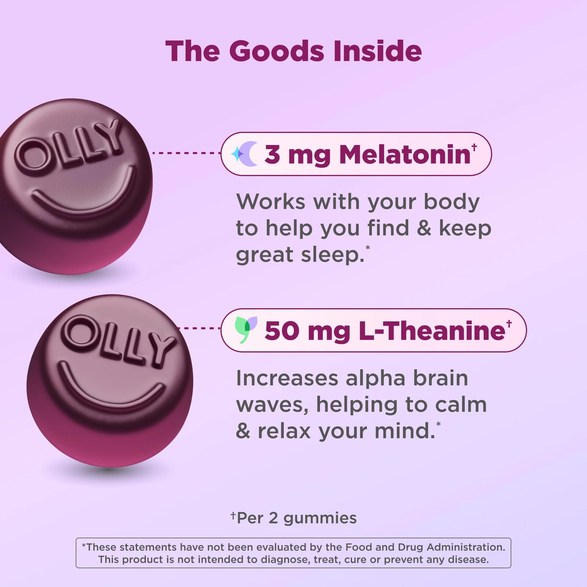 OLLY Restful Sleep Gummy Supplement with Melatonin & L-Theanine Chamomile, Blackberry Zen, 50 Gummies (25 Day Supply) Supports a Healthy Sleep Cycle* (Packaging May Vary) - Image 2