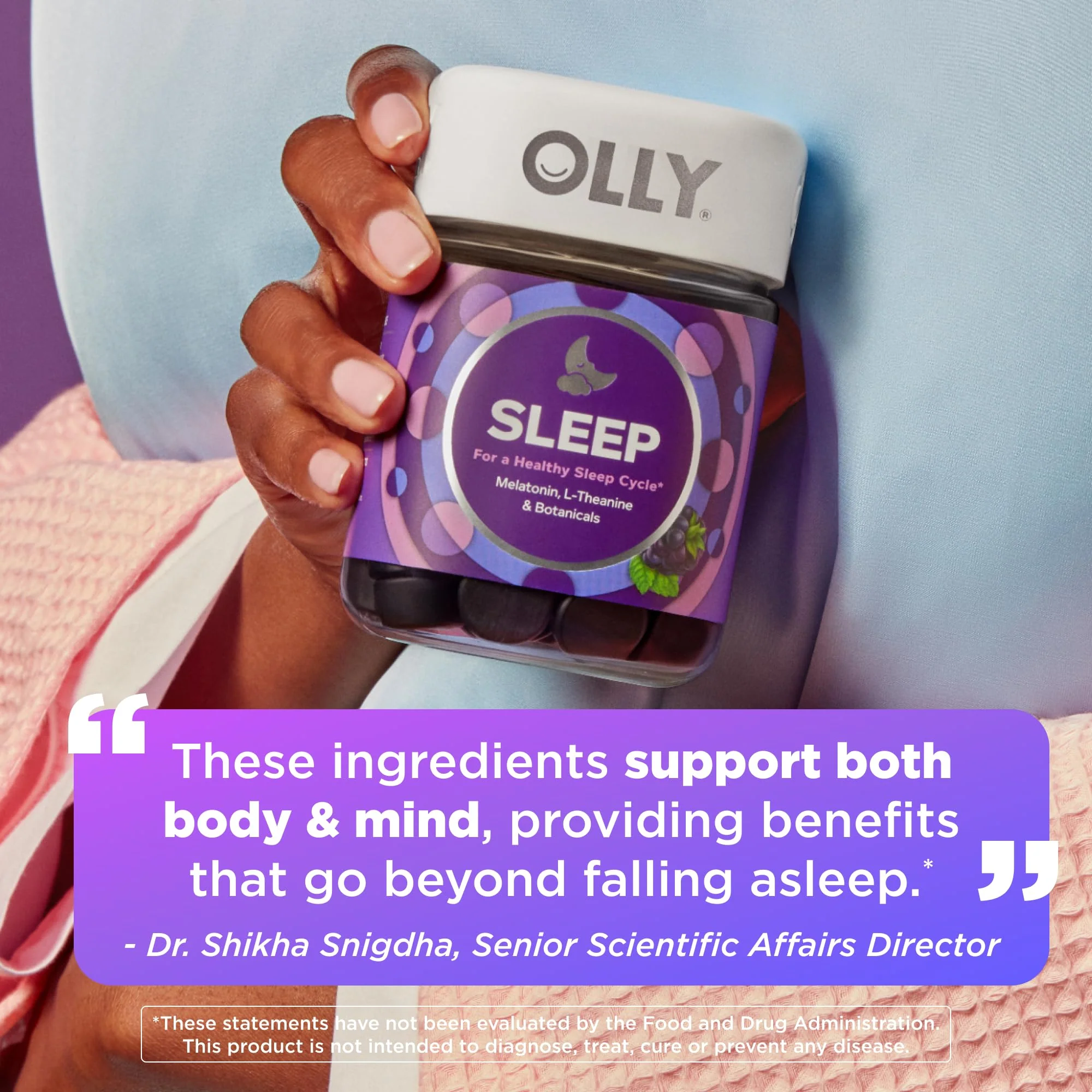 OLLY Restful Sleep Gummy Supplement with Melatonin & L-Theanine Chamomile, Blackberry Zen, 50 Gummies (25 Day Supply) Supports a Healthy Sleep Cycle* (Packaging May Vary) - Image 4