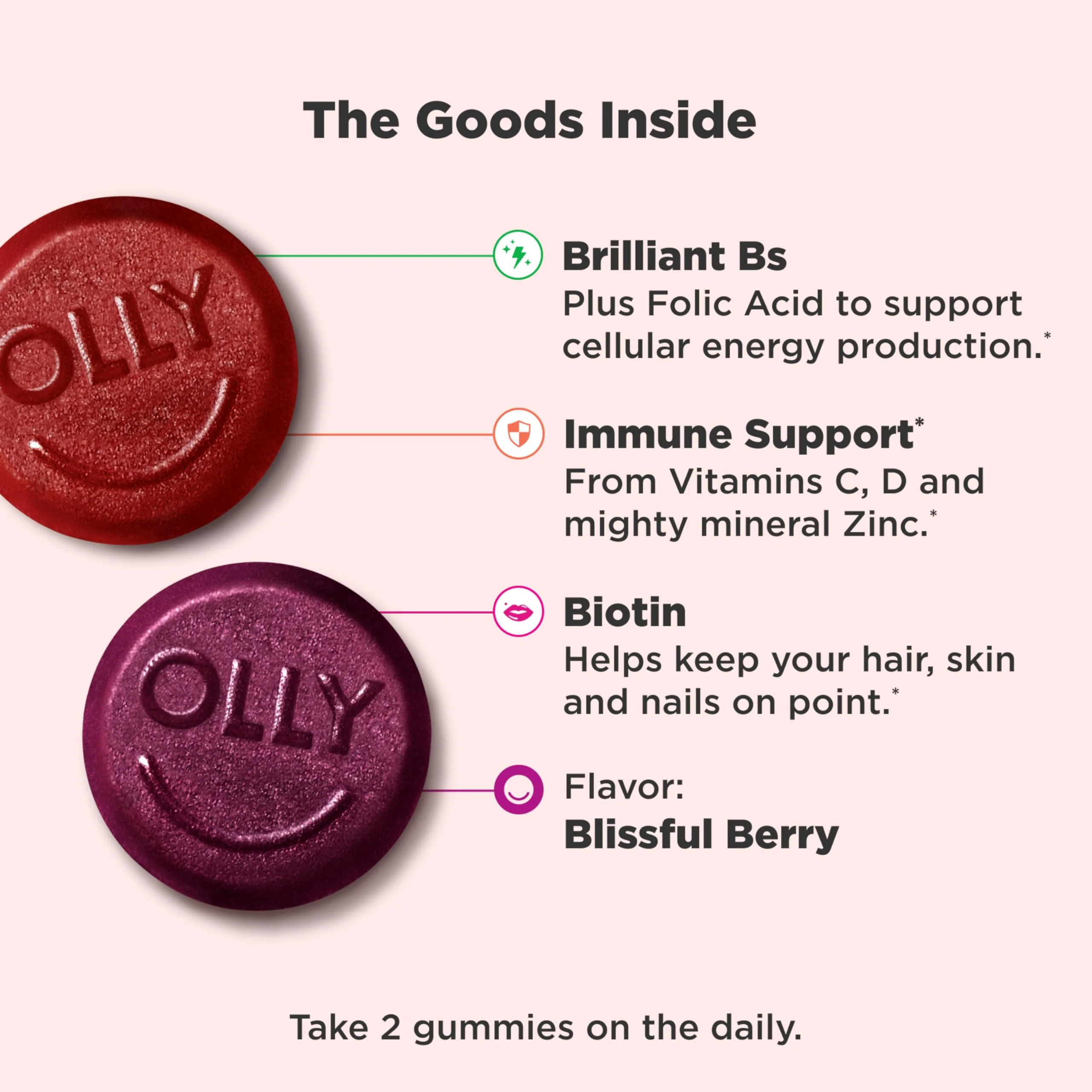 OLLY Women's Multivitamin Gummy, Women's Overall Wellness,* Vitamins A, C, D, E, Biotin, Folic Acid, Adult Chewable Supplement, Berry Flavored, 65 Day Supply - 130 Count - Image 3
