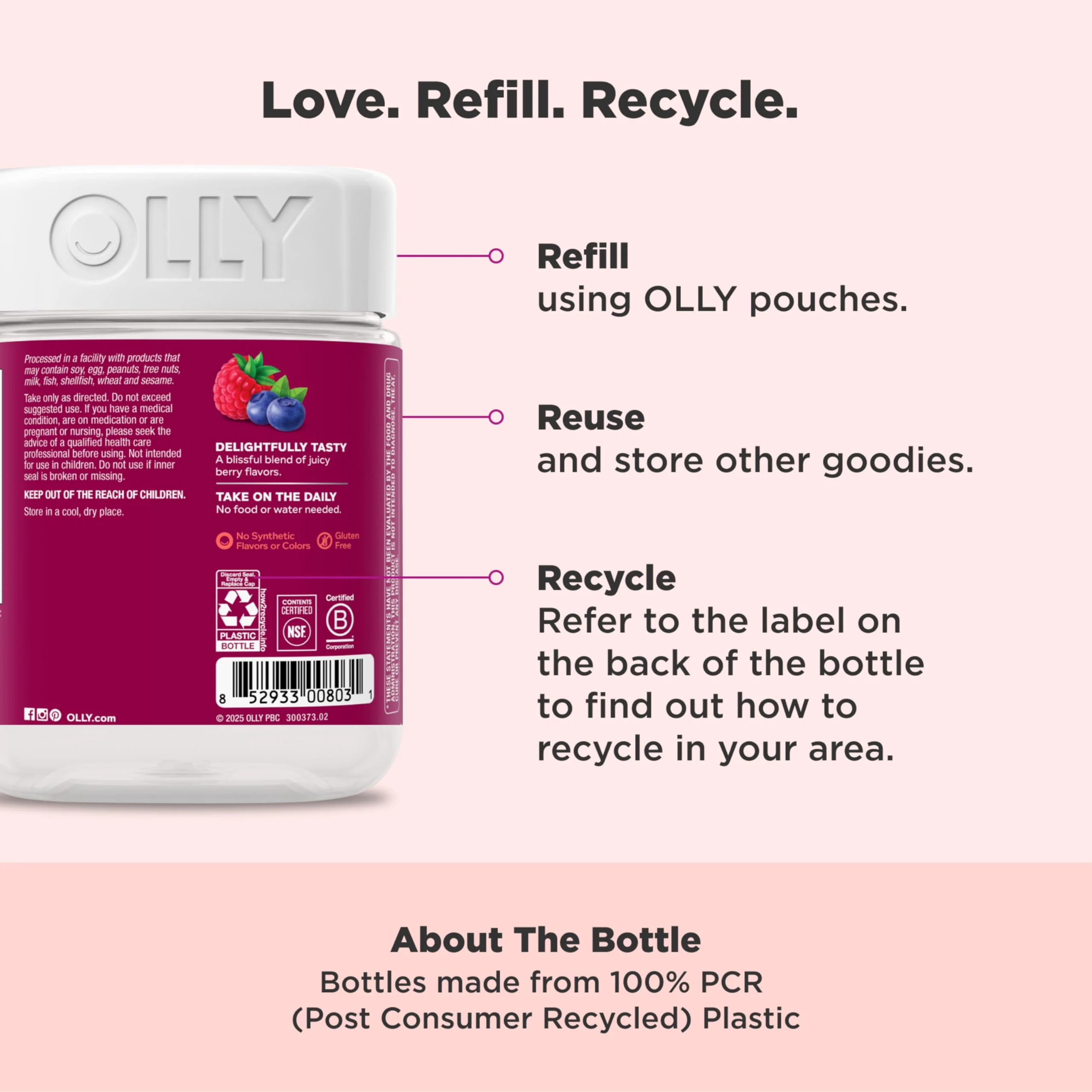 OLLY Women's Multivitamin Gummy, Women's Overall Wellness,* Vitamins A, C, D, E, Biotin, Folic Acid, Adult Chewable Supplement, Berry Flavored, 65 Day Supply - 130 Count - Image 5