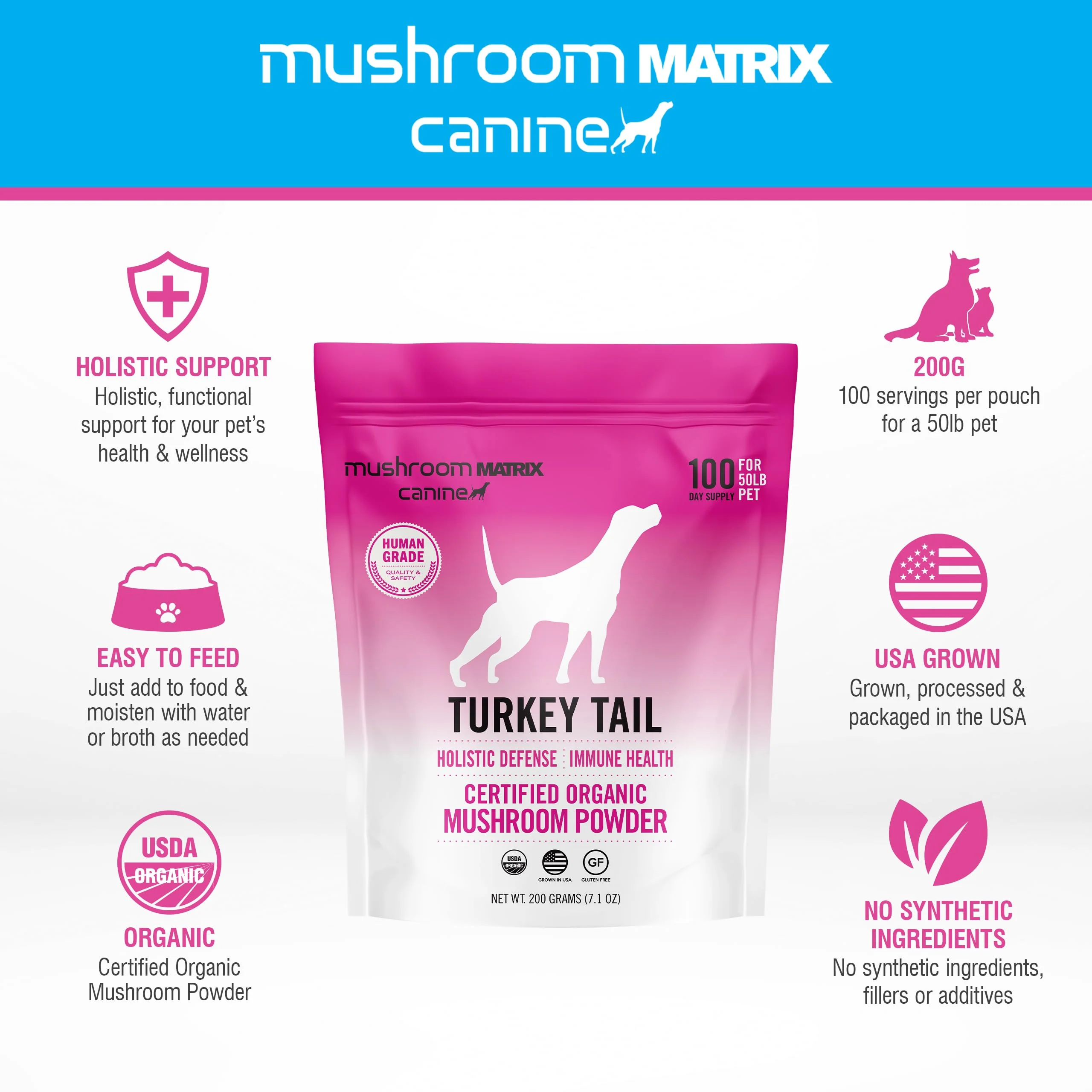 Om Mushroom Matrix Turkey Tail Mushroom Pet Supplement Powder, Provides Immunity Support & Holistic Defense for Dogs & Cats, 200 Grams, 7.1 oz - Image 4