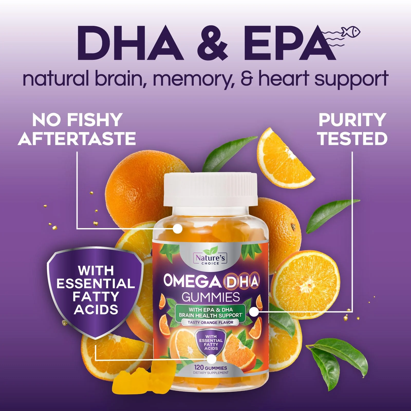 Omega 3 Fish Oil Gummies - Triple Strength Omega3 Gummy - DHA & EPA Fatty Acids for Heart Health, Joint & Brain Support, Nature's High Absorption Omega Fish Oil Supplement, Orange Flavor- 120 Gummies - Image 5
