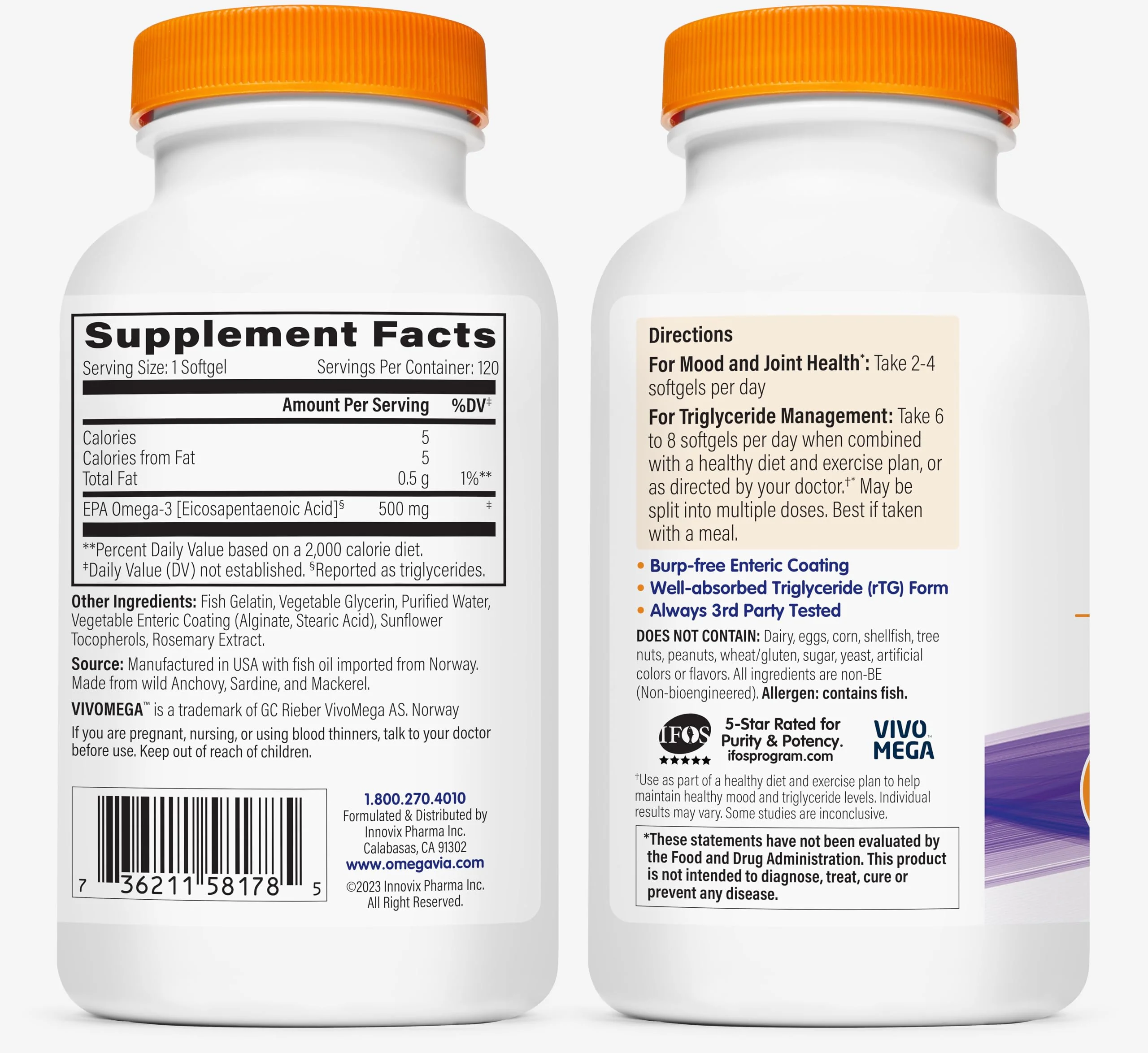 OmegaVia EPA 500, Purified Omega-3 Fish Oil Supplement, 500 mg EPA in Triglyceride Form, Burpless Fish Oil, Non-GMO, Gluten-Free, IFOS 5-Star, 120 Softgels - Image 4