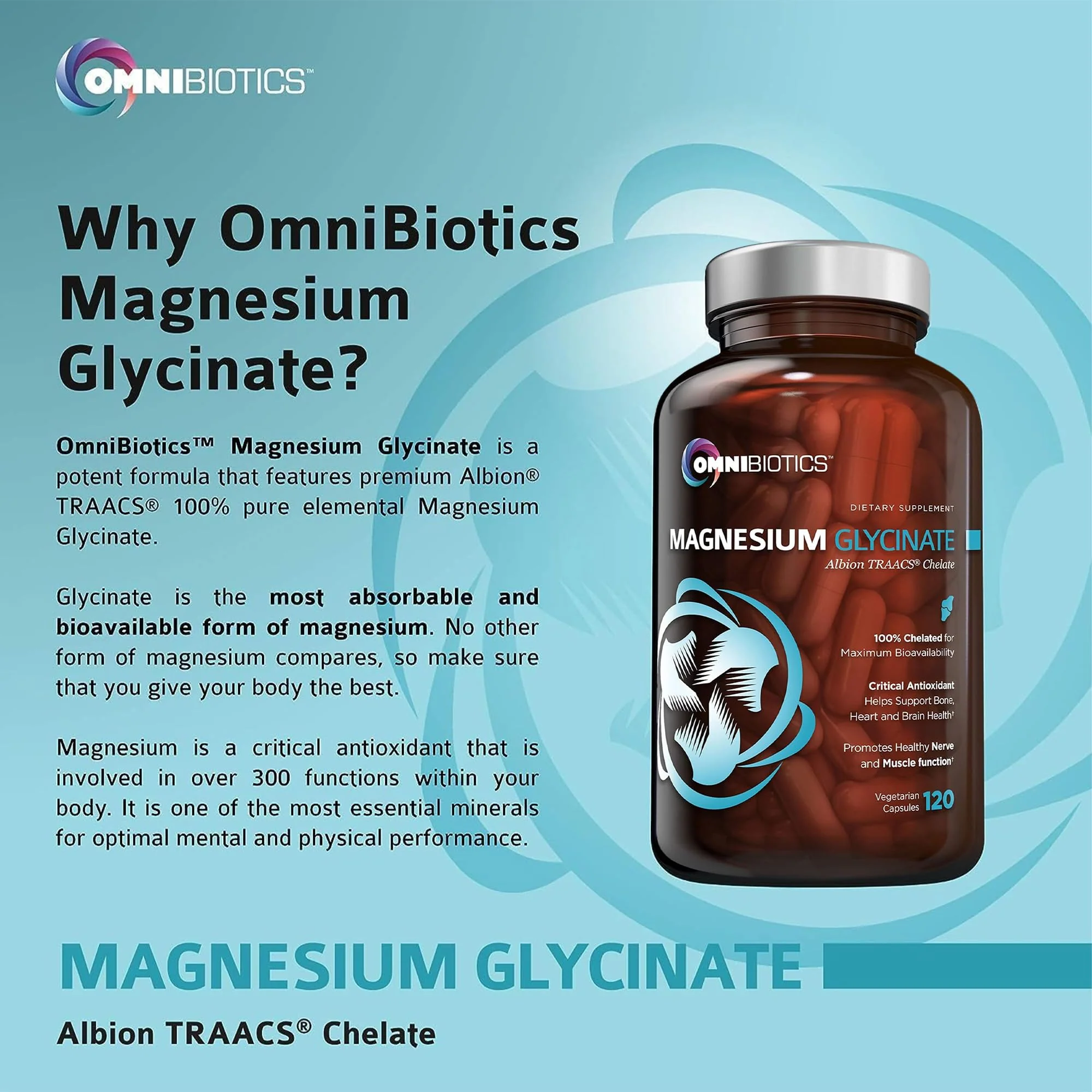 OmniBiotics Magnesium Glycinate Supplement – with 100% Pure Albion TRAACS Bisglycinate Chelate for Sleep, Muscle, Nerve & Heart Health – 120 Vegan Capsules - Image 5