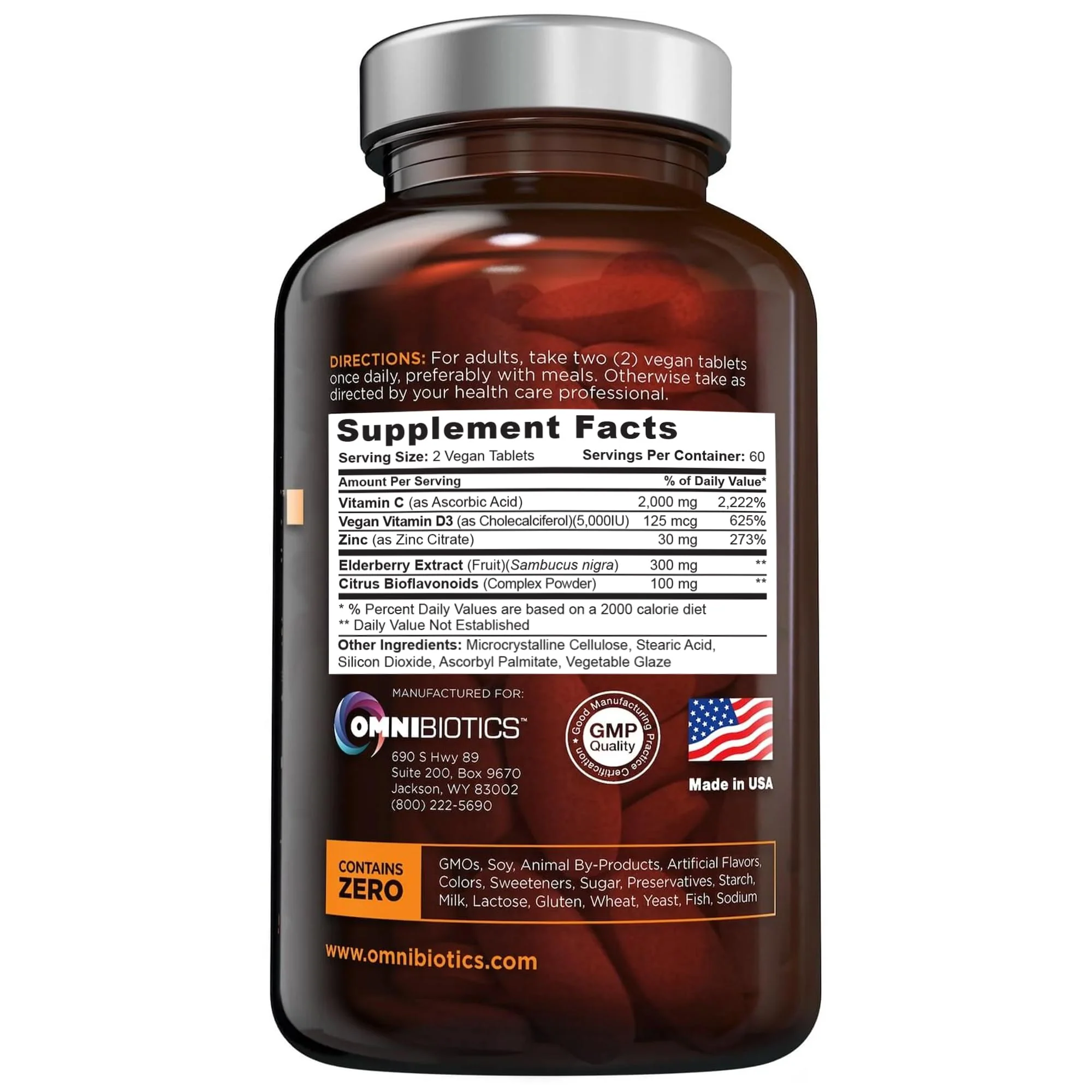 OmniBiotics Ultimate Vitamin C Supplement 2000mg – with Zinc, Elderberry Extract, and D3 – High Potency Immune Support & Collagen Booster – 120 Vegan Tablets - Image 2