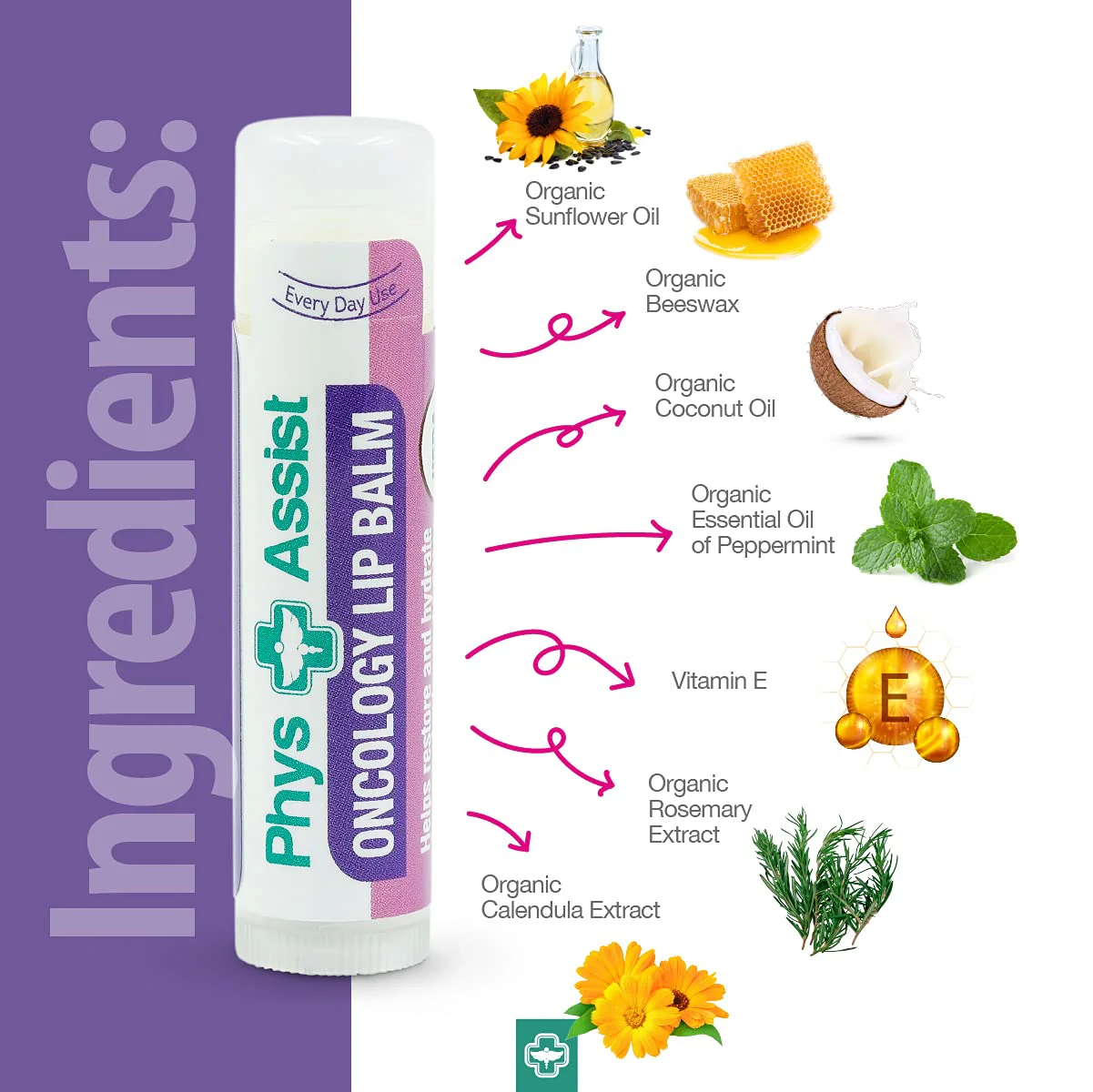 Oncology Lip Balm USDA Organic, Hydrate Dry, Parched Lips. Moisturizing -3 Pack - Image 3