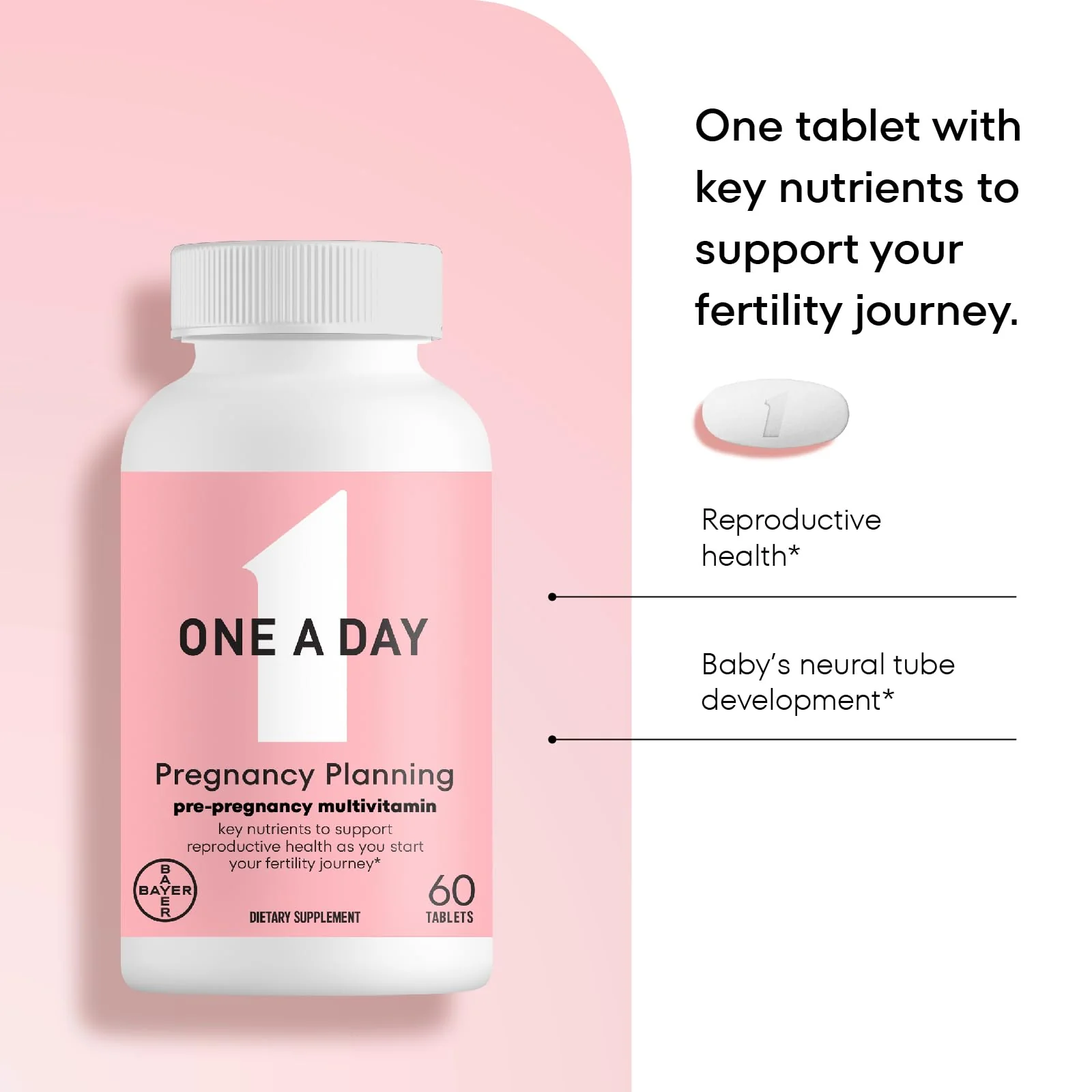 One A Day Pregnancy Planning Prenatal Multivitamin for Women, Pre Pregnancy Vitamins for Women with Methylfolate, Folic Acid, Zinc, Vitamin B12 & Vitamin D to Support Reproductive Health, 60 Tablets - Image 4