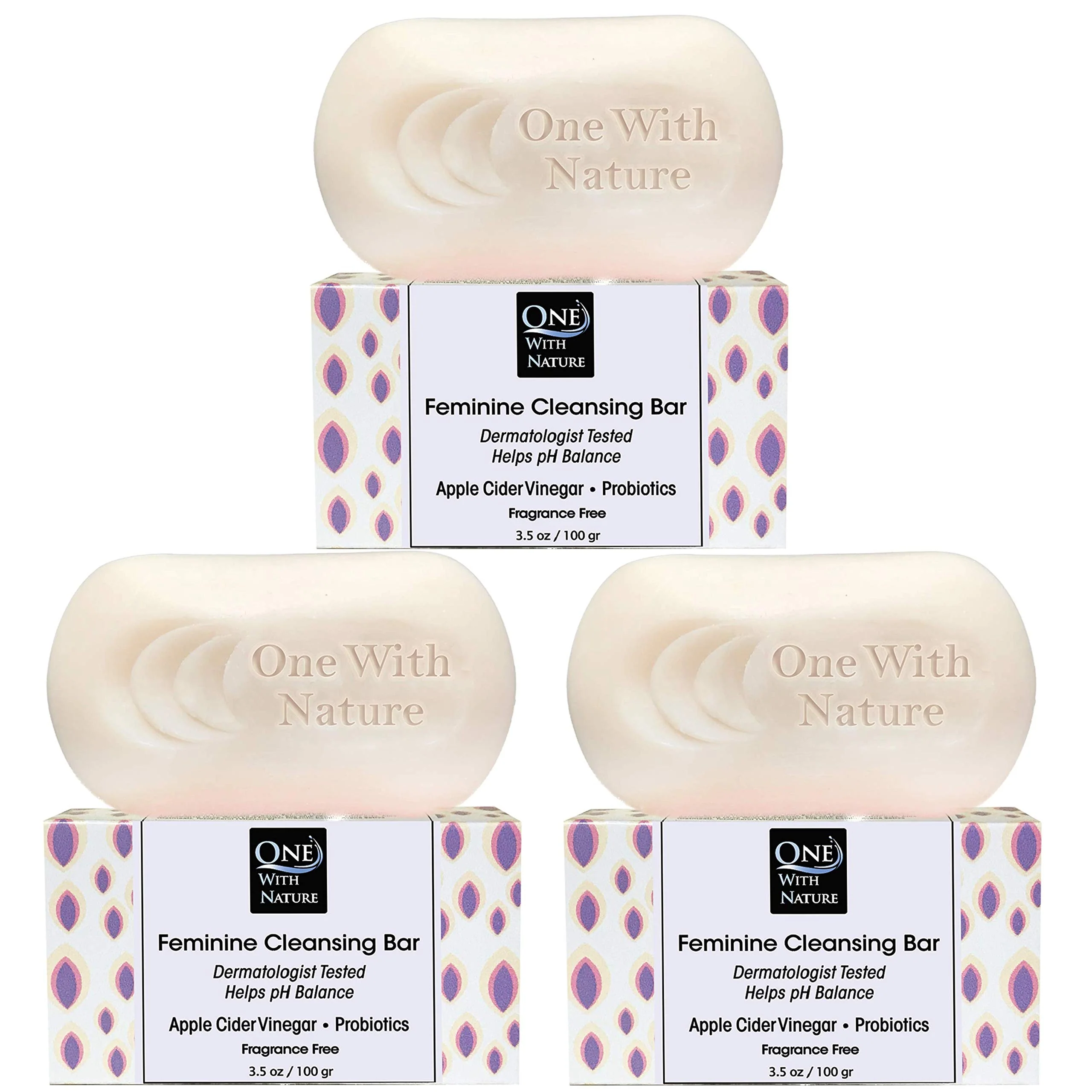 One With Nature Feminine Cleansing Bar 3Pack 3.5oz Fragrance-Free Soap Bar, Dermatologist Tested, Probiotics, Apple Cider Vinegar, Omega Fatty Acids, Oatmeal, Gentle Cleanser for Face, Body