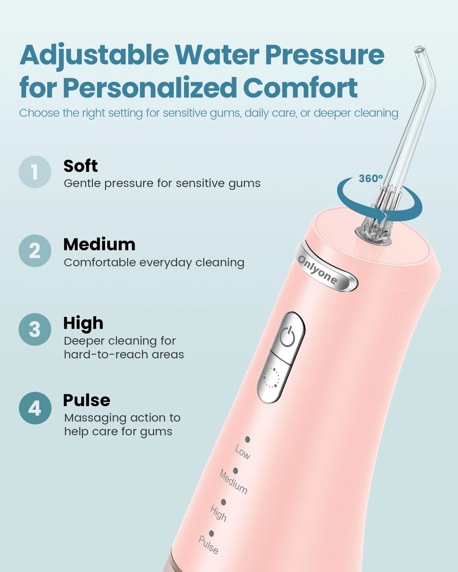 Onlyone Water Dental Flosser Pick for Teeth, 300ML Portable Oral Irrigator, Rechargeable Travel Irrigation Cleaner, Professional Electric Flossing Machine Birthday Gifts for Women,Mom,Girlfriend Pink - Image 3