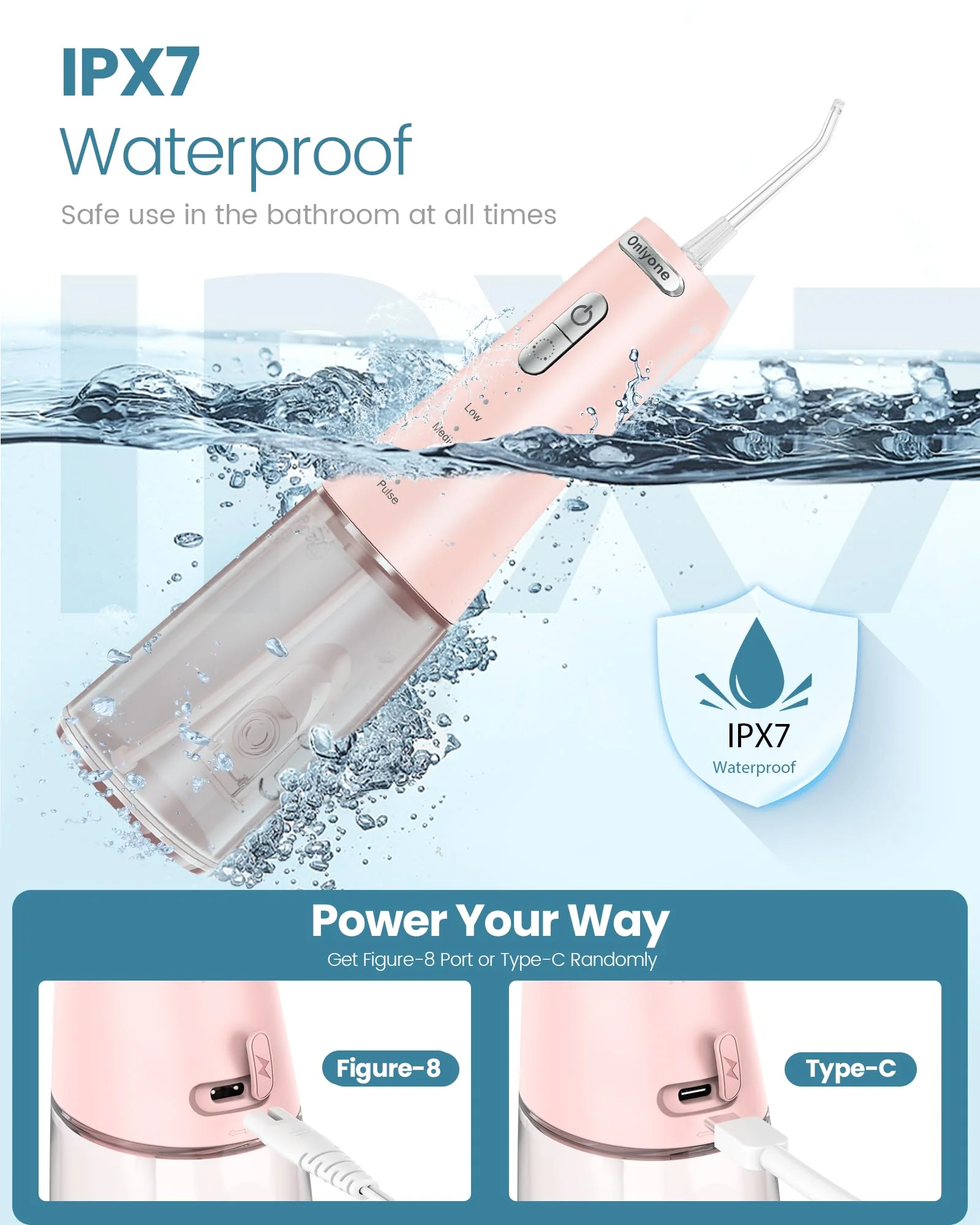 Onlyone Water Dental Flosser Pick for Teeth, 300ML Portable Oral Irrigator, Rechargeable Travel Irrigation Cleaner, Professional Electric Flossing Machine Birthday Gifts for Women,Mom,Girlfriend Pink - Image 8