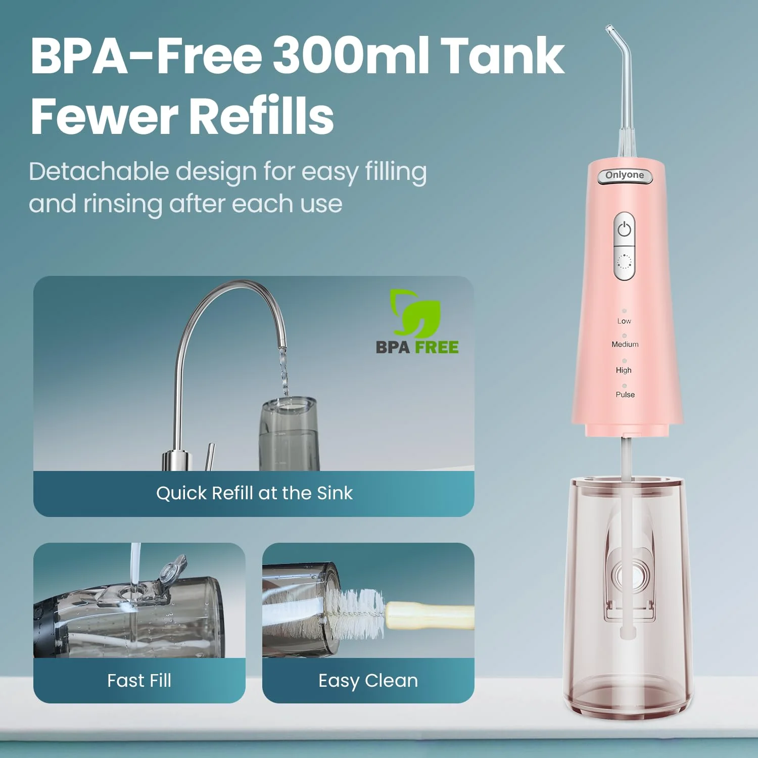 Onlyone Water Dental Flosser Pick for Teeth, 300ML Portable Oral Irrigator, Rechargeable Travel Irrigation Cleaner, Professional Electric Flossing Machine Birthday Gifts for Women,Mom,Girlfriend Pink - Image 6