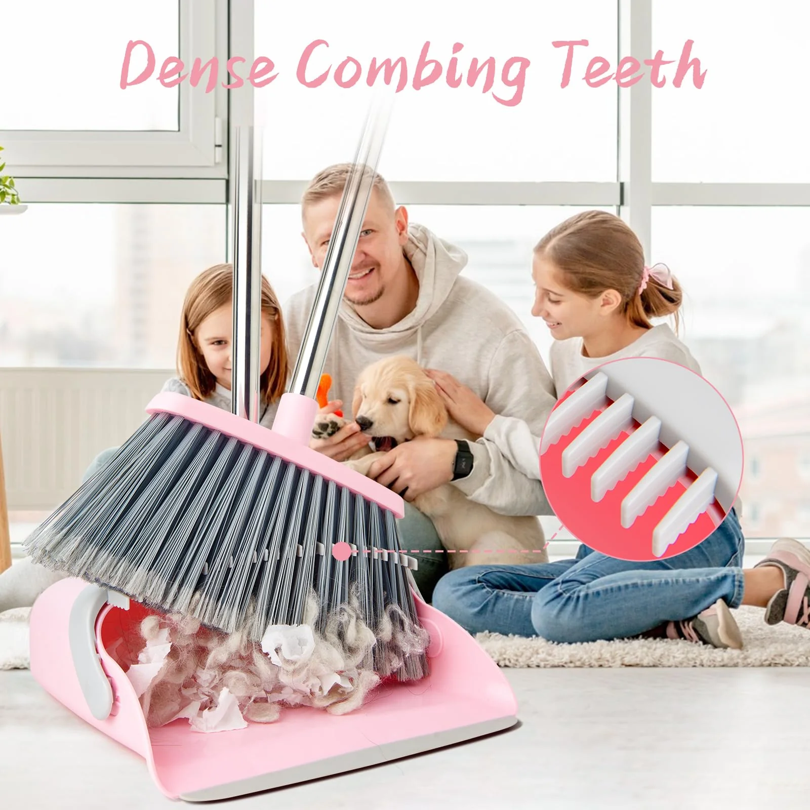 OOOFLOWER Broom and Dustpan Combo Set, Long Handle and Standing Dust Pan with Comb Teeth, Efficient Floor Cleaning for Kitchen, Outdoor, Dorm, Apartment, Office Lobby (Pink Gray) - Image 5