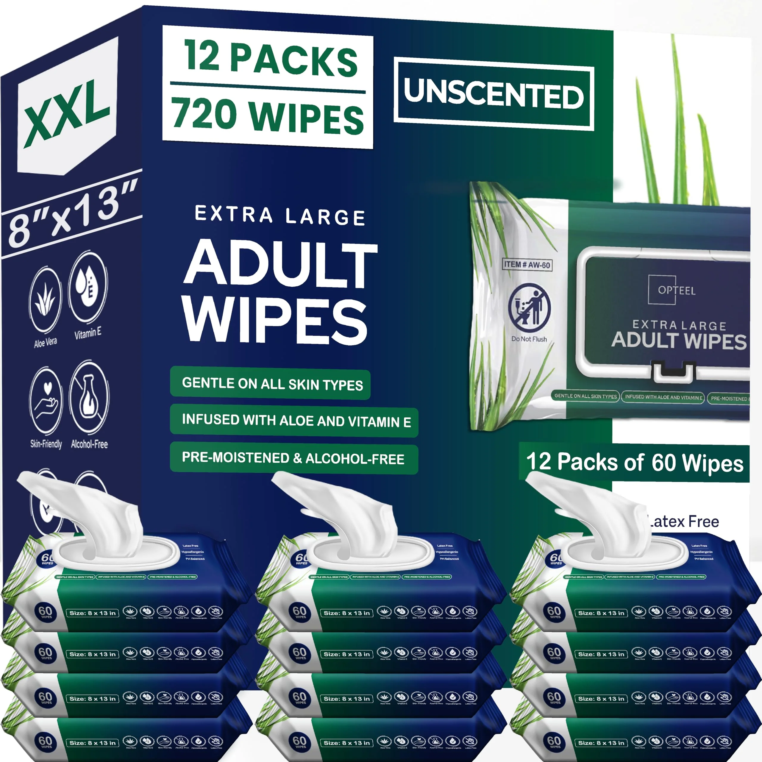 OPTEEL Adult Wipes For Elderly - 8"x13" Extra Large & Soft Wet Wipes for Adults Bathing - Incontinence Disposable Washcloths, Vitamin E & Aloe Infused for Men & Women 720ct (12 Packs of 60) - Image 2