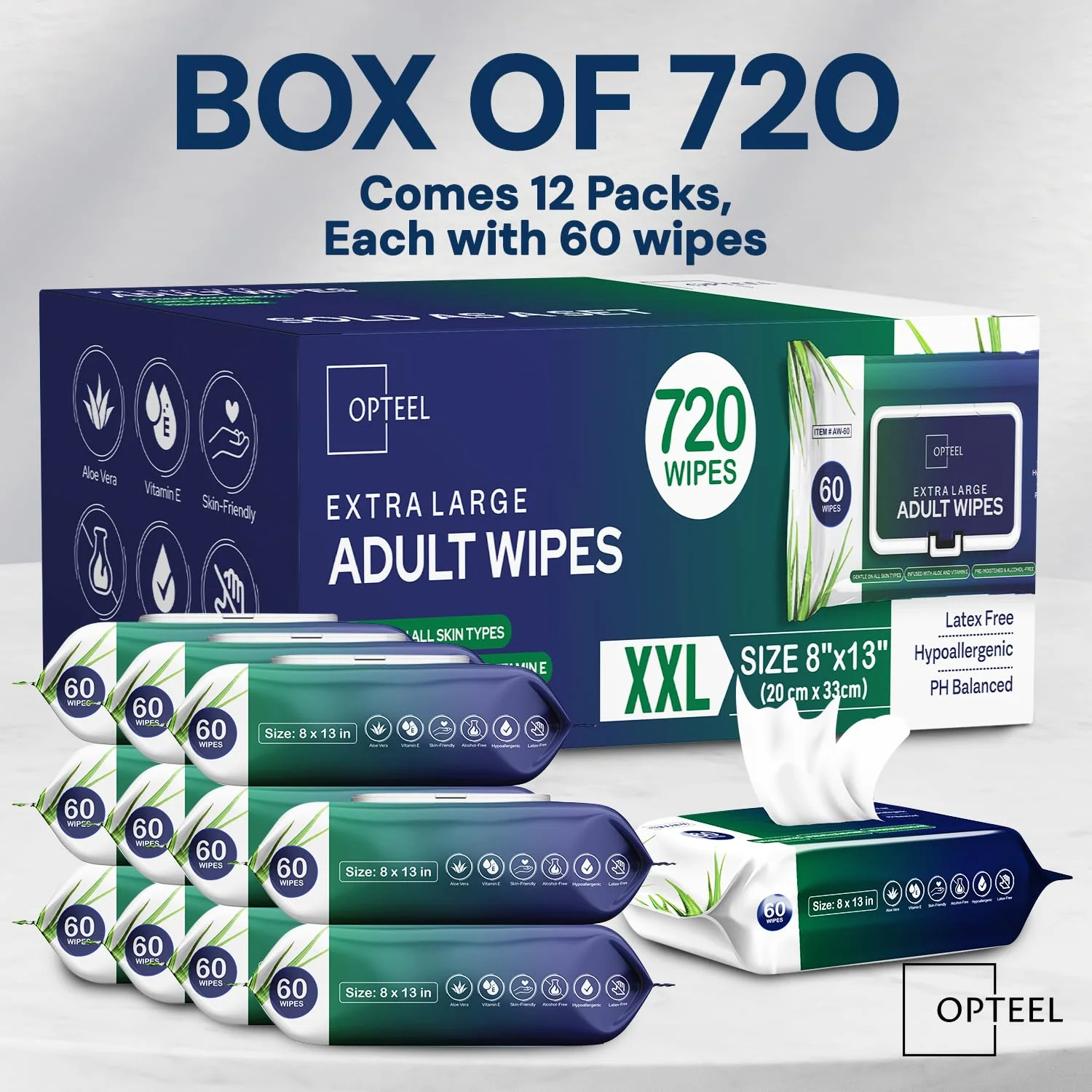 OPTEEL Adult Wipes For Elderly - 8"x13" Extra Large & Soft Wet Wipes for Adults Bathing - Incontinence Disposable Washcloths, Vitamin E & Aloe Infused for Men & Women 720ct (12 Packs of 60) - Image 9