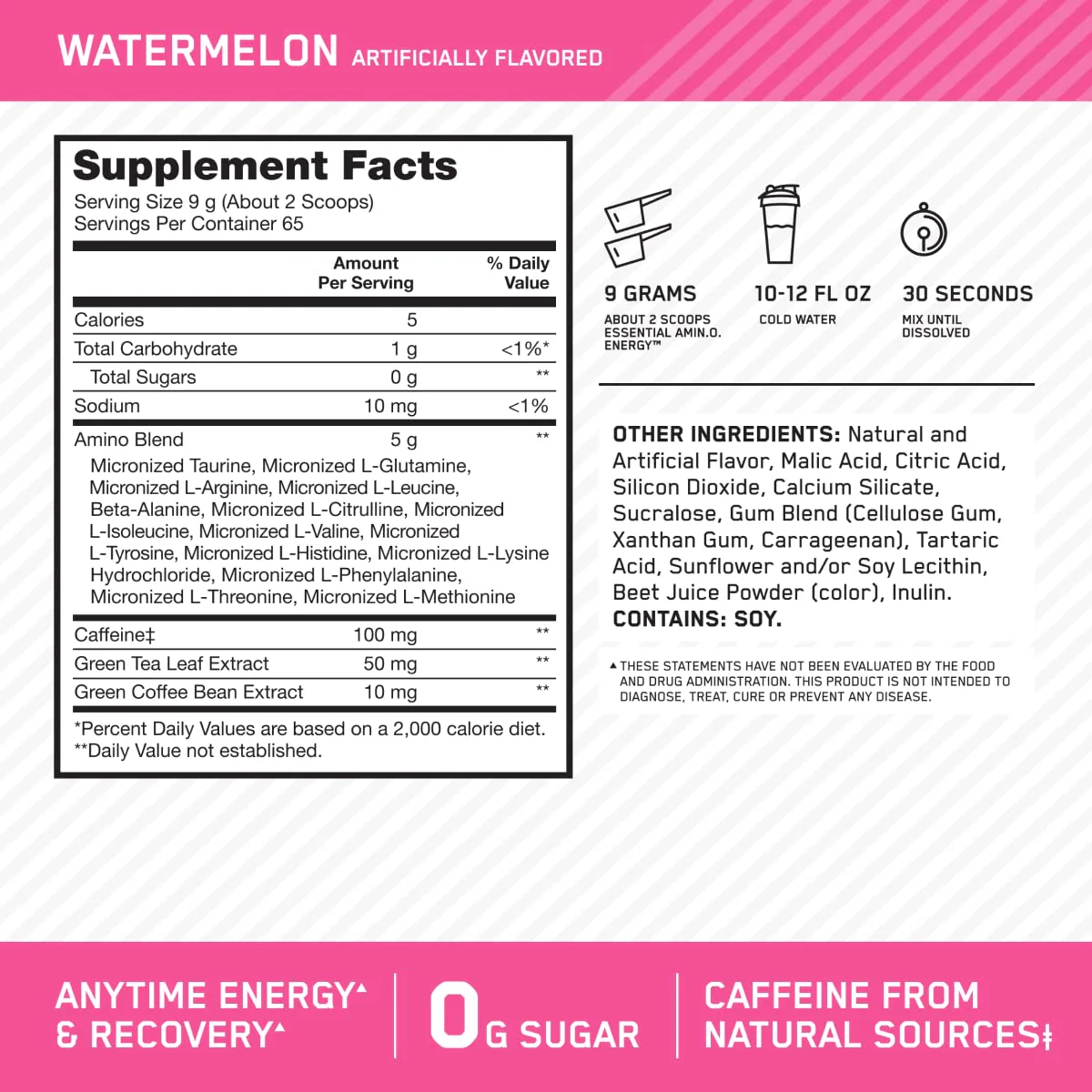 Optimum Nutrition Amino Energy - Pre Workout with Green Tea, BCAA, Amino Acids, Keto Friendly, Green Coffee Extract, Energy Powder - Watermelon, 65 Servings (Packaging May Vary) - Image 3