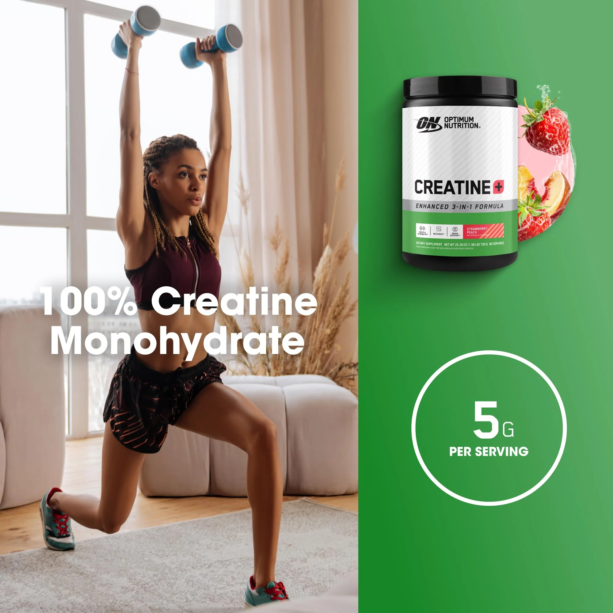 Optimum Nutrition Creatine Monohydrate Plus Powder, Strawberry Peach Flavored Creatine Performance Blend, with Electrolytes for Hydration, Added Vitamins, 80 Servings, 720 Grams (Packaging May Vary) - Image 4