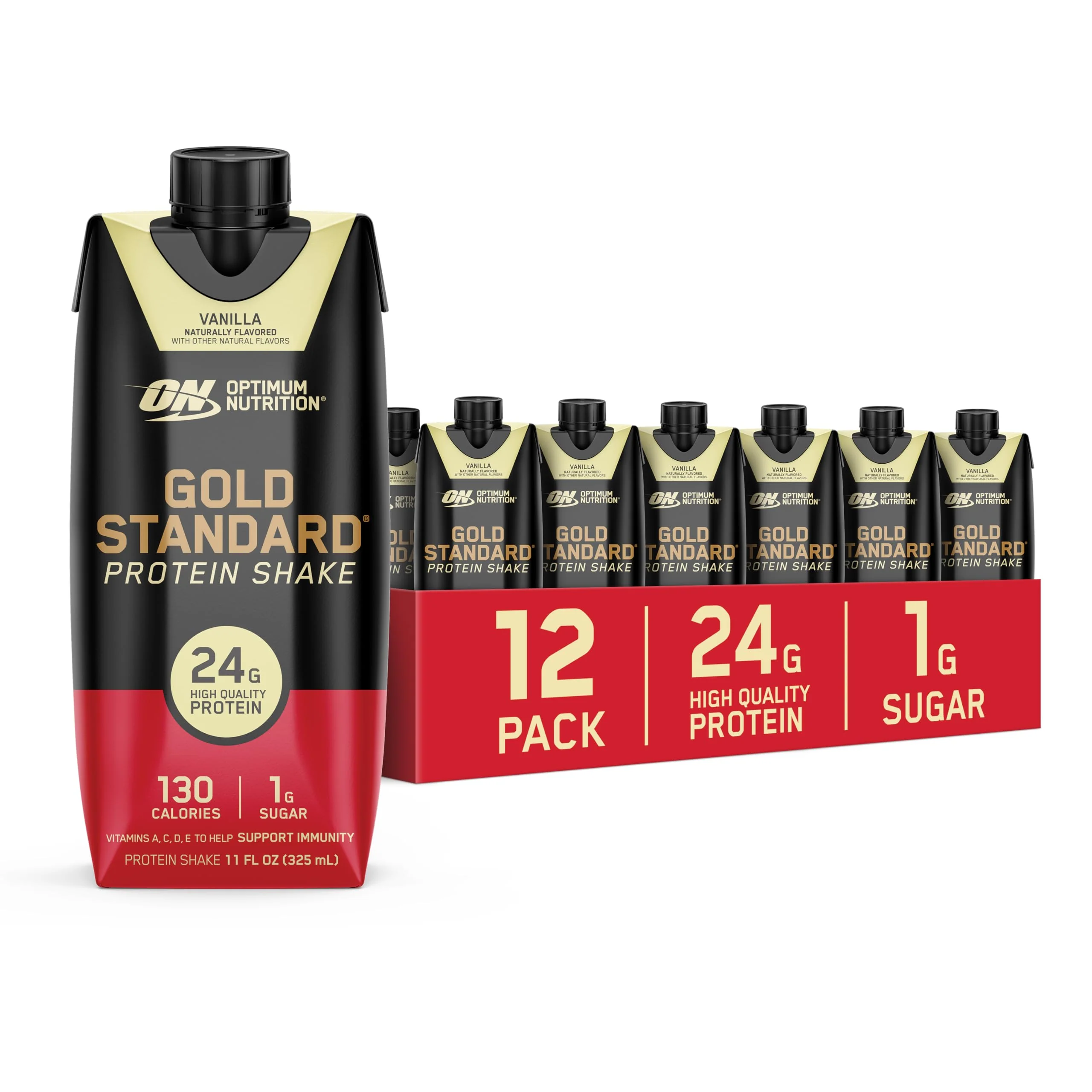 Optimum Nutrition Gold Standard Protein Shake, 24g Protein, Ready to Drink Protein Shake, Gluten Free, Vitamin C for Immune Support, Vanilla, 11 Fl Oz, 12 Count