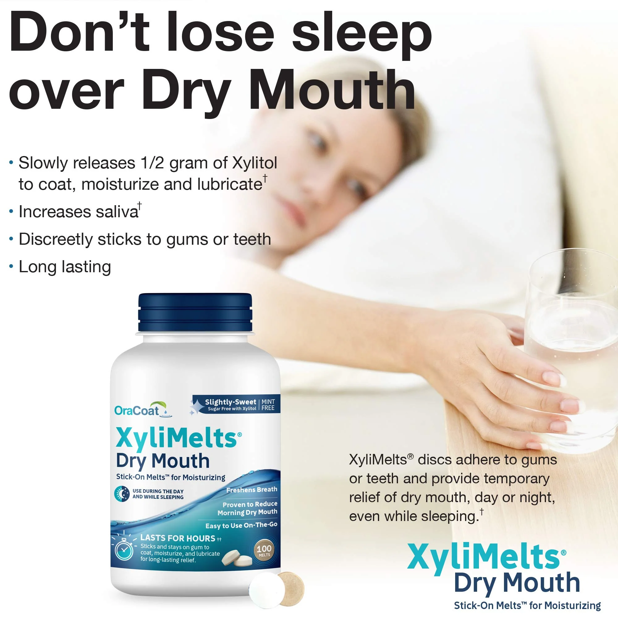 Oracoat XyliMelts for Dry Mouth Night Time or Day - Moisturizing Dry Mouth Adhering Discs, Sugar Free with Xylitol, 100 Count, Slightly Sweet Flavor, 8-Hour Relief - Image 6