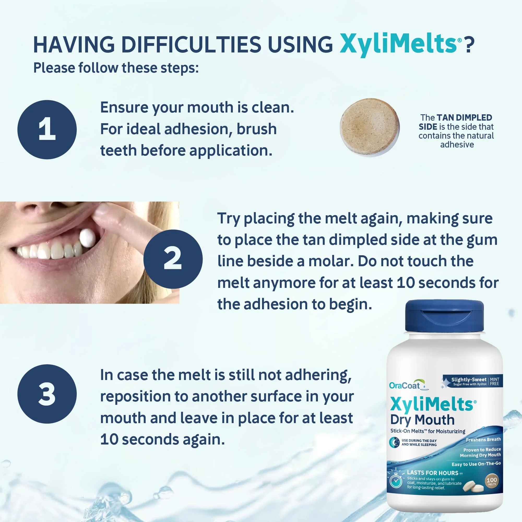 Oracoat XyliMelts for Dry Mouth Night Time or Day - Moisturizing Dry Mouth Adhering Discs, Sugar Free with Xylitol, 100 Count, Slightly Sweet Flavor, 8-Hour Relief - Image 7